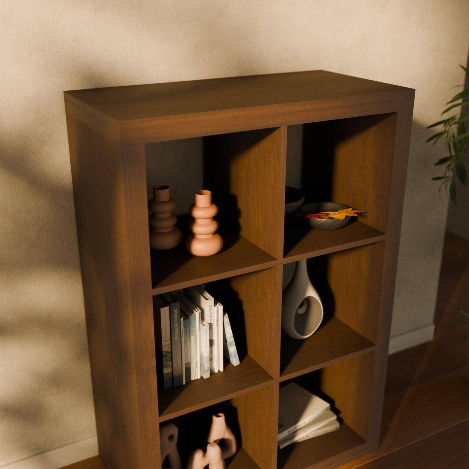 Etagère bibliothèque 2 niveaux 6 compartiments, effet bois de noyer, L 111,2 x P 39 x H 76cm,sweeek,Photo1