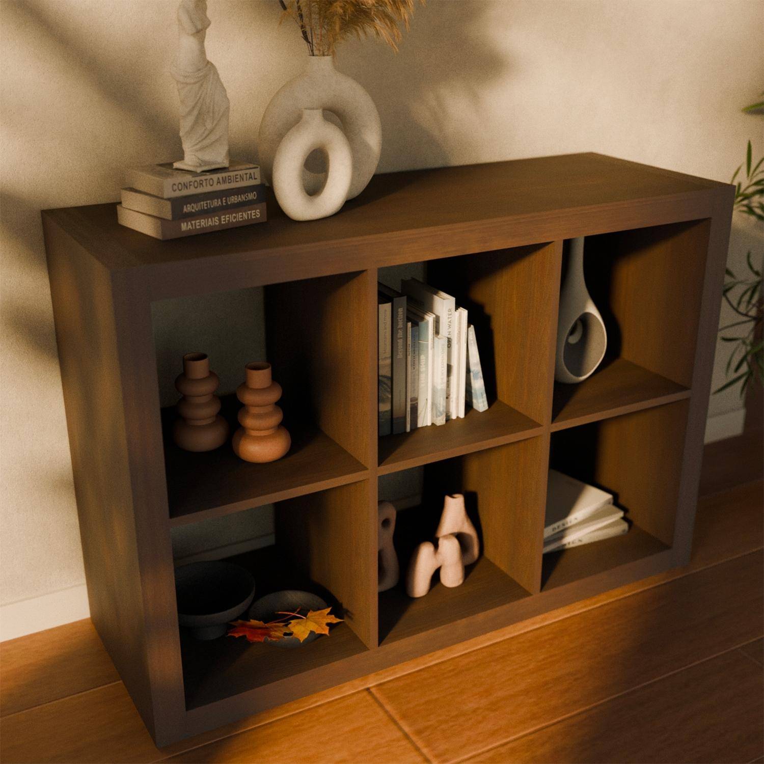 Boekenkast met 6 vakken op 2 niveaus, walnoot houteffect, B 111,2 x D 39 x H 76cm Photo2