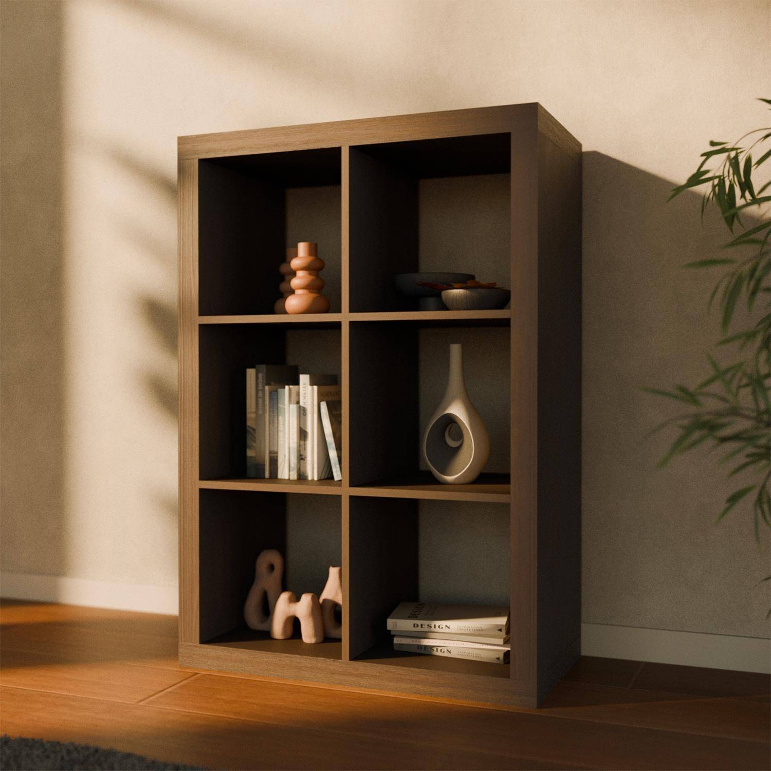 Boekenkast met 6 vakken op 2 niveaus, walnoot houteffect, B 111,2 x D 39 x H 76cm Photo5