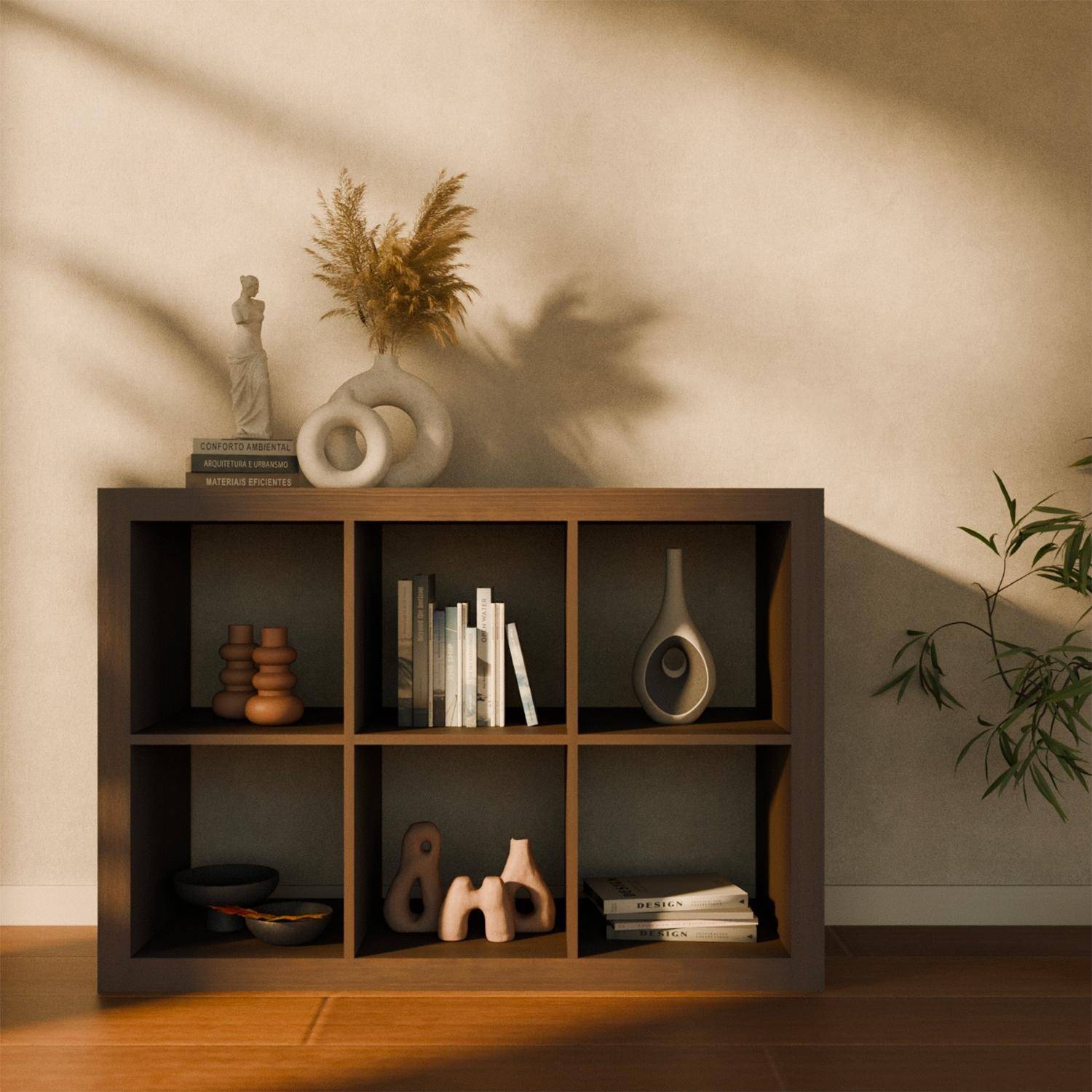 Boekenkast met 6 vakken op 2 niveaus, walnoot houteffect, B 111,2 x D 39 x H 76cm,sweeek,Photo1