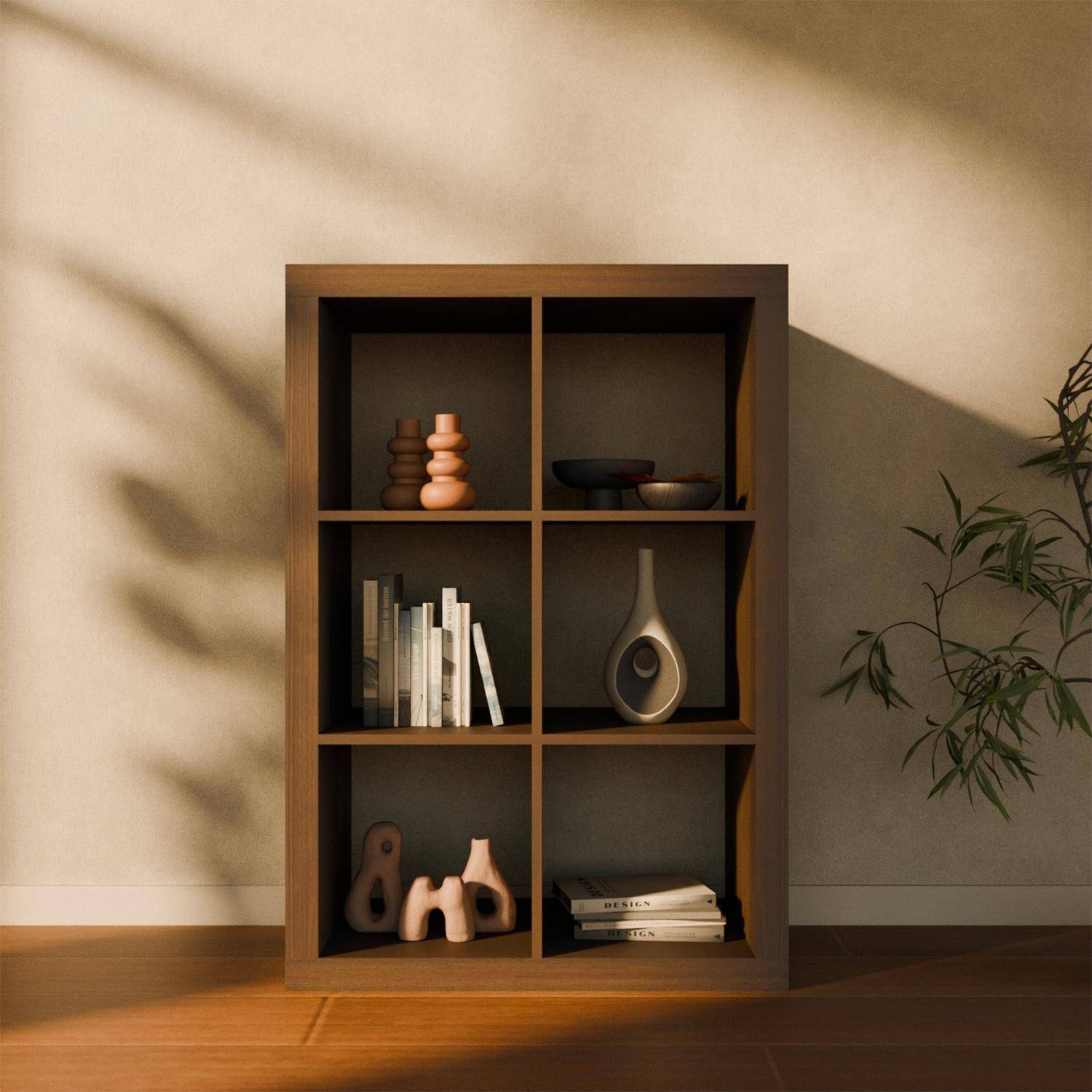 Boekenkast met 6 vakken op 2 niveaus, walnoot houteffect, B 111,2 x D 39 x H 76cm Photo4