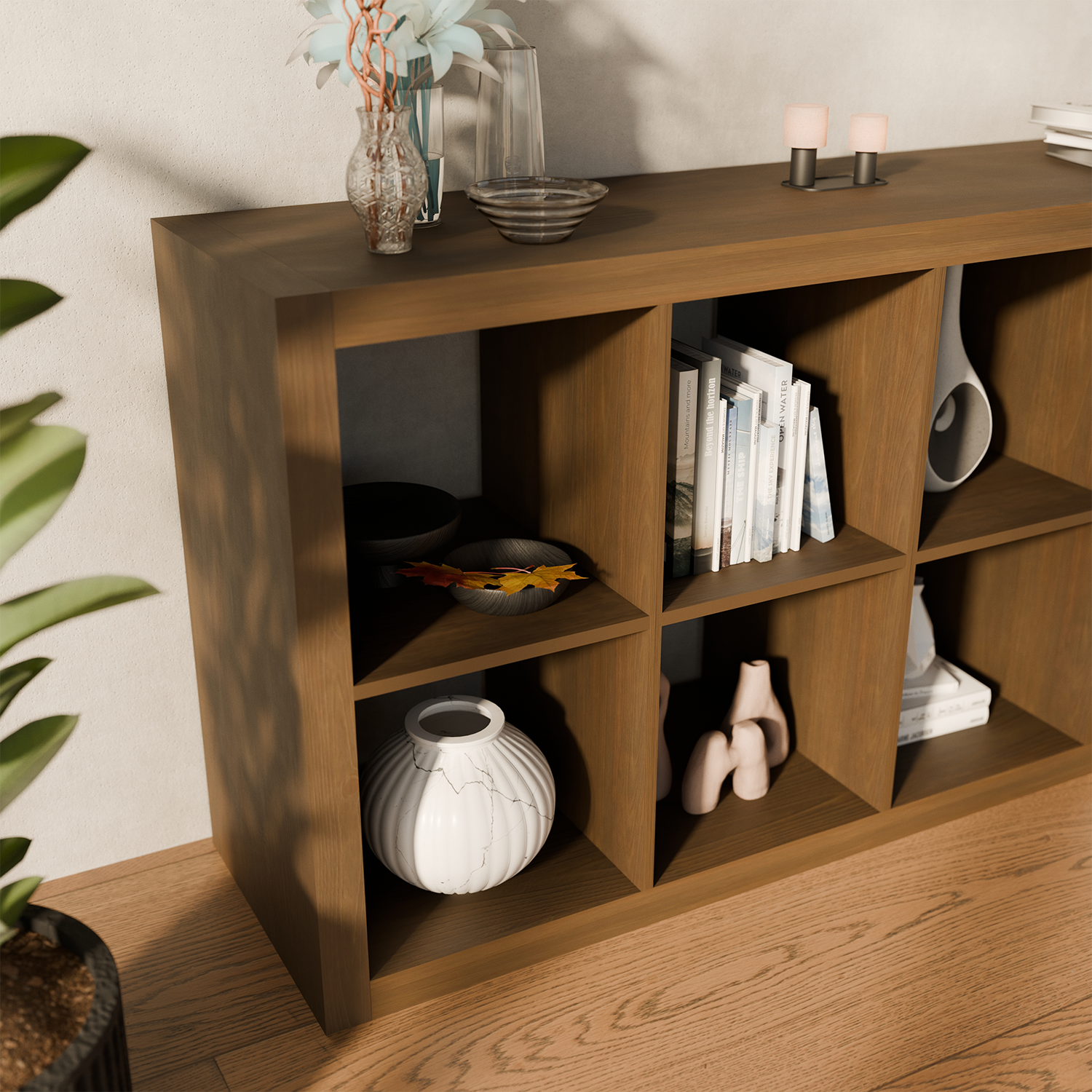 Estante librería decor madera 4 niveles 8 compartimentos, Basiks, Madera de nogal, 76x39x146 cm Photo3