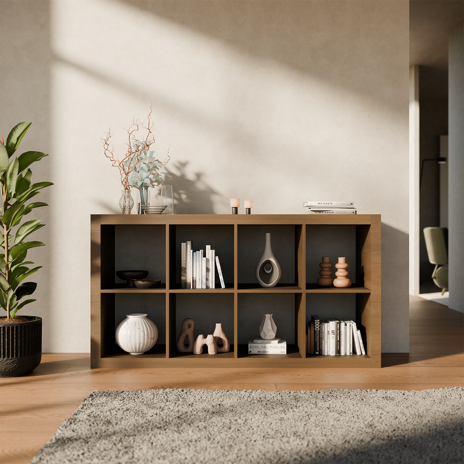 Estante librería decor madera 4 niveles 8 compartimentos, Basiks, Madera de nogal, 76x39x146 cm Photo1