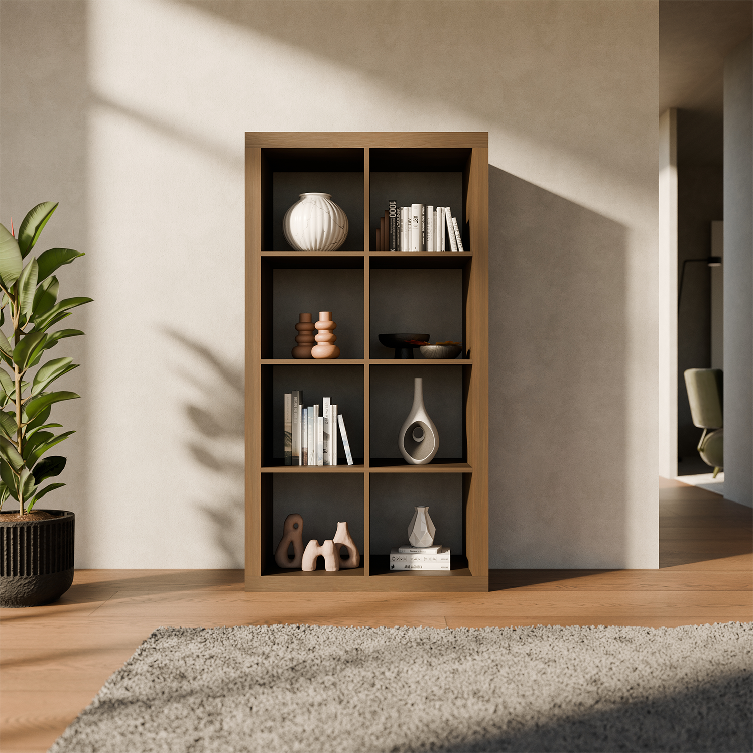 Estante librería decor madera 4 niveles 8 compartimentos, Basiks, Madera de nogal, 76x39x146 cm Photo4