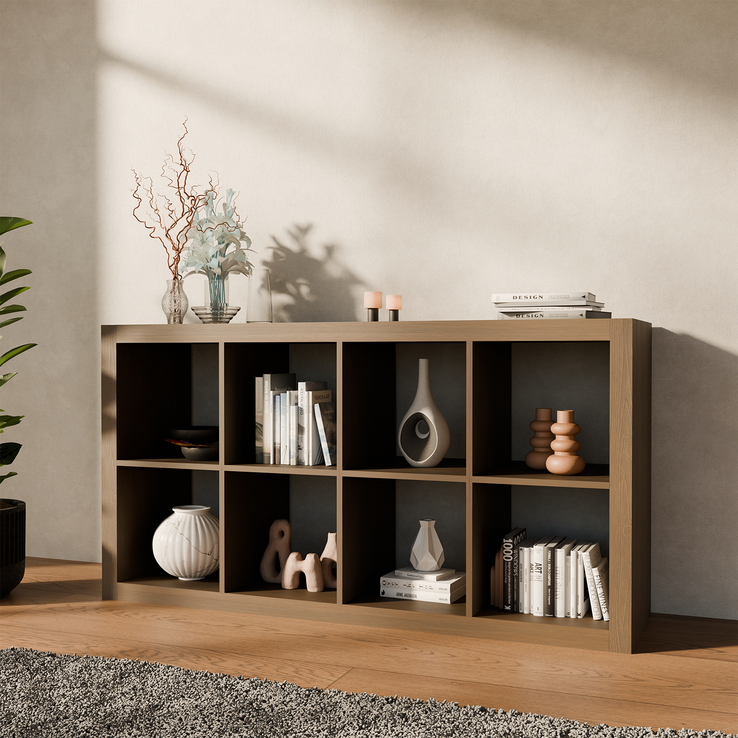 Estante librería decor madera 4 niveles 8 compartimentos, Basiks, Madera de nogal, 76x39x146 cm Photo2