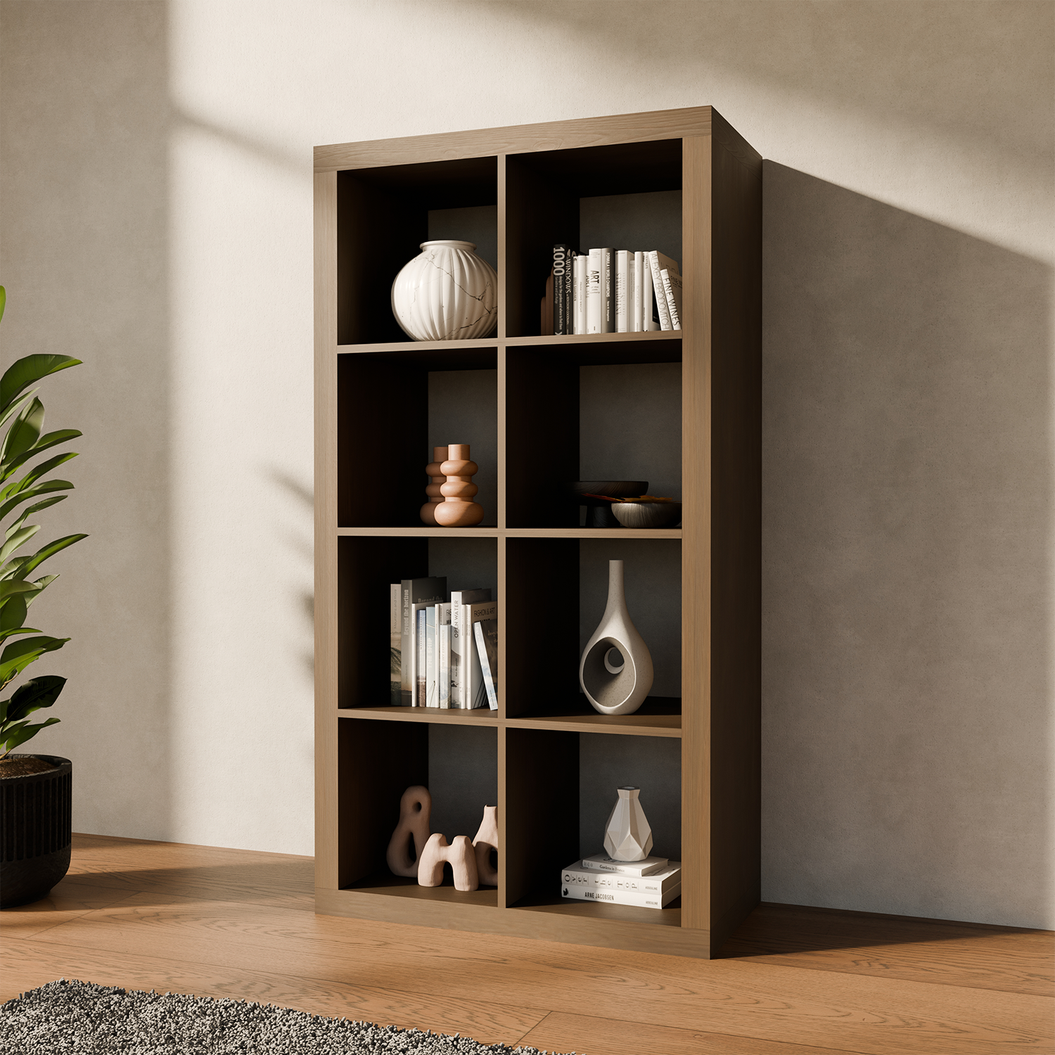 Estante librería decor madera 4 niveles 8 compartimentos, Basiks, Madera de nogal, 76x39x146 cm Photo5