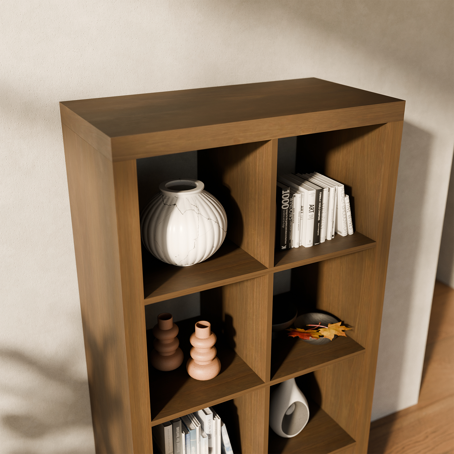 Estante librería decor madera 4 niveles 8 compartimentos, Basiks, Madera de nogal, 76x39x146 cm Photo6