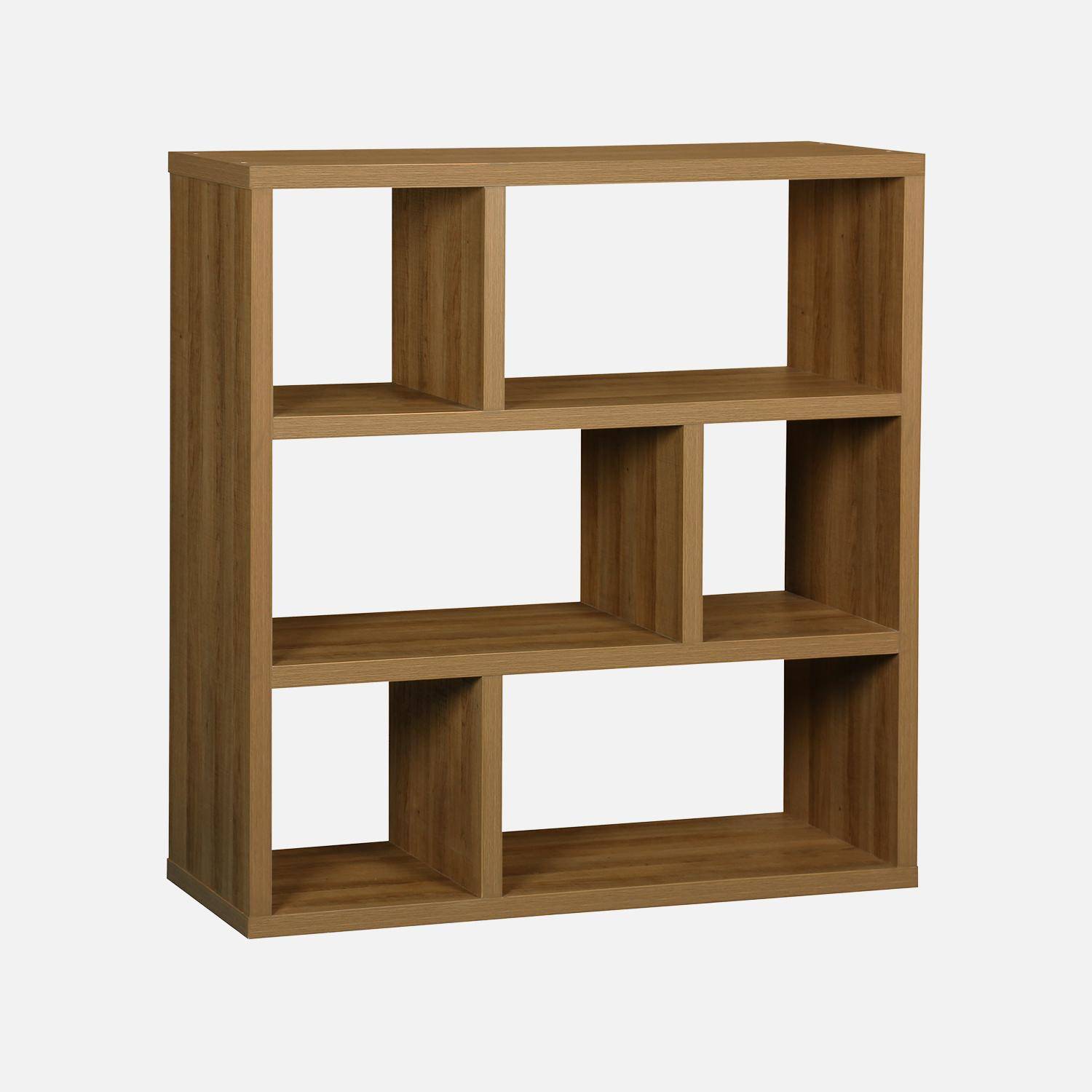 Etagère bibliothèque asymétrique 3 niveaux 6 compartiments, casiers, effet bois de manguier,  L 111,2 x P 39 x H 115,2cm Photo1