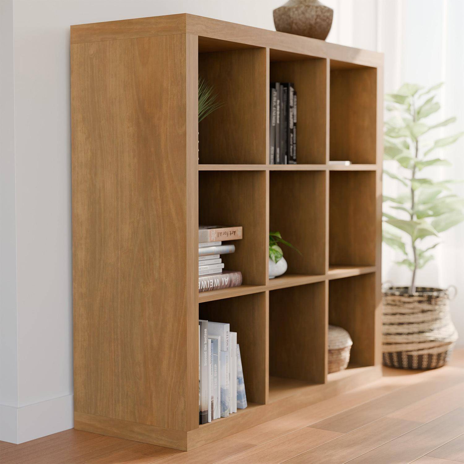 Etagère bibliothèque cubique 3 niveaux 9 compartiments, casiers, effet bois de manguier, L 111,2 x P 39 x H 111,2cm,sweeek,Photo2