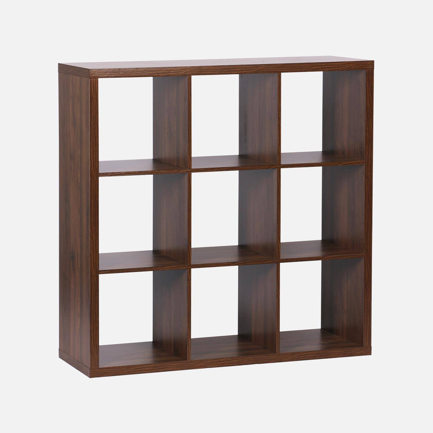 Etagère bibliothèque cubique 3 niveaux 9 compartiments, casiers, effet bois de noyer, L 111,2 x P 39 x H 111,2cm Photo3