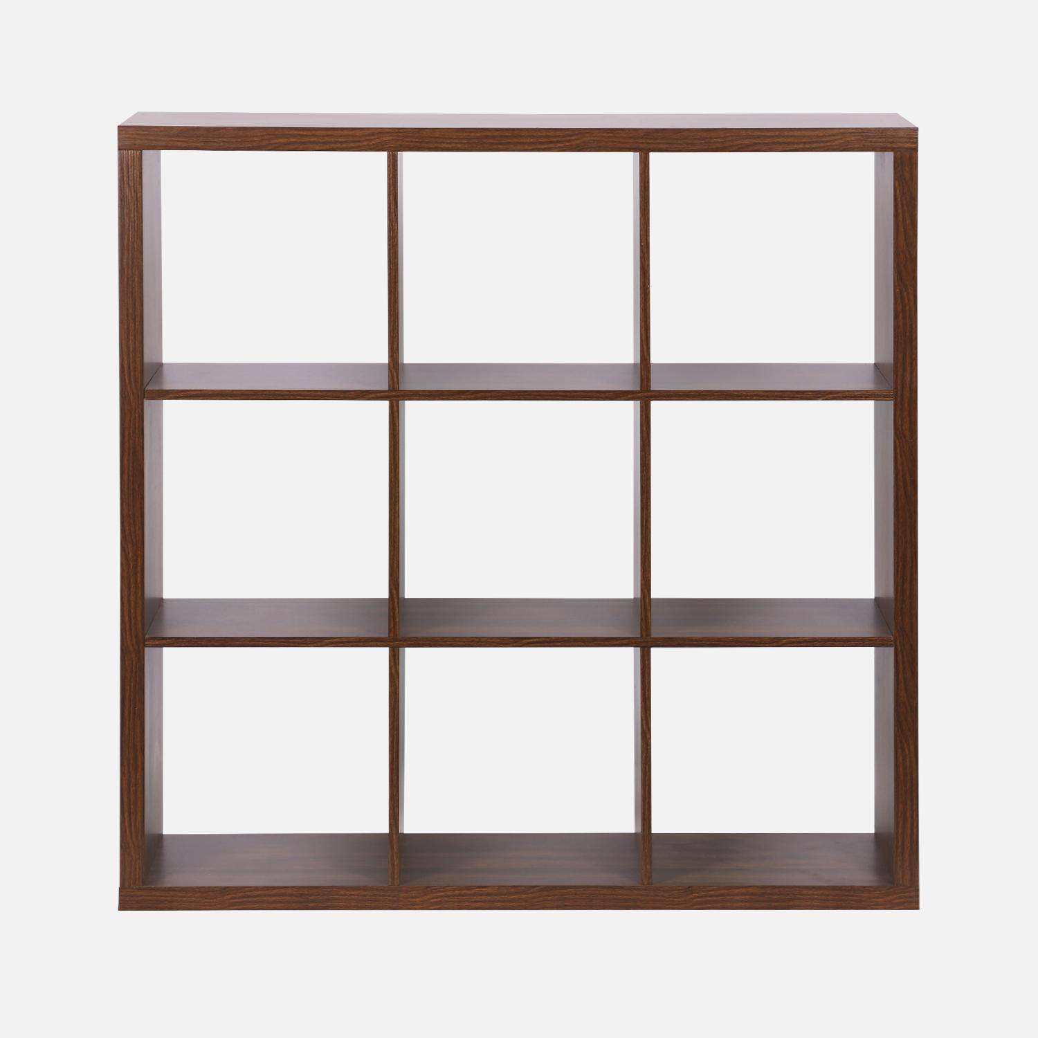 Etagère bibliothèque cubique 3 niveaux 9 compartiments, casiers, effet bois de noyer, L 111,2 x P 39 x H 111,2cm,sweeek,Photo4