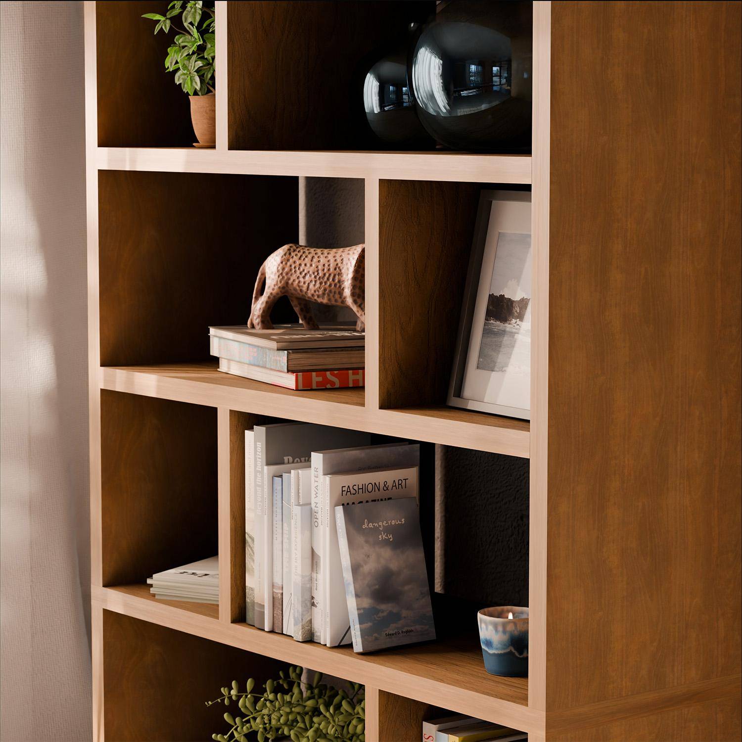 Asymmetrische 5-niveuas boekenkast met 10 vakken, mangohout effect, B 111,2 x D 39 x H 190cm Photo2