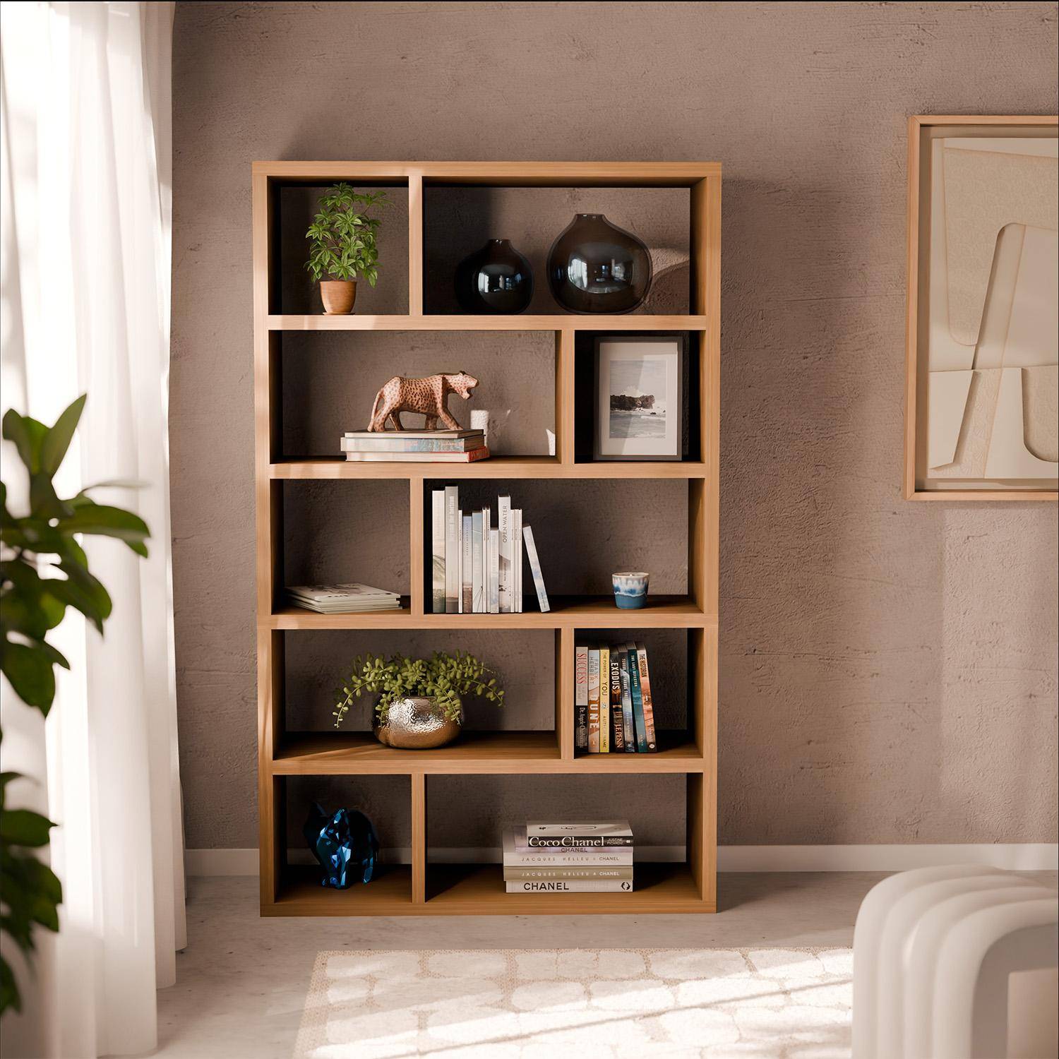 Asymmetrische 5-niveuas boekenkast met 10 vakken, mangohout effect, B 111,2 x D 39 x H 190cm Photo1