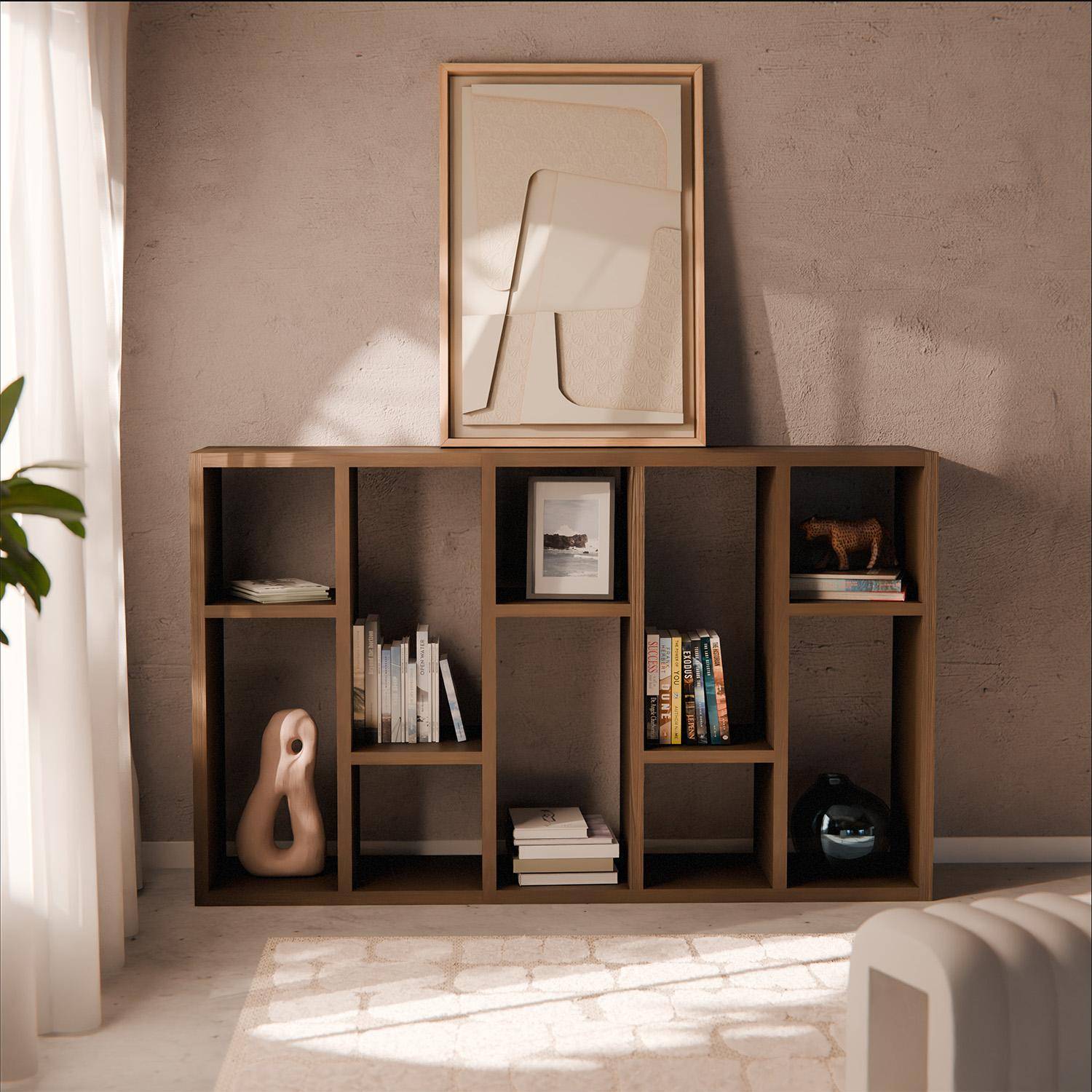 Estantería asimétrica de 5 niveles con 10 compartimentos, Basiks, Madera de nogal, 111.2x39x190 cm,sweeek,Photo4