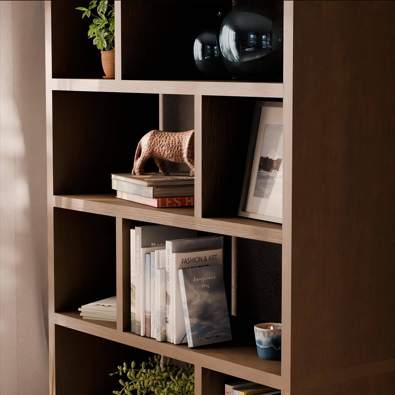 5-tier asymmetrical bookshelf with 10 compartments, Basiks, Walnut, 111.2x39x190 cm Photo2