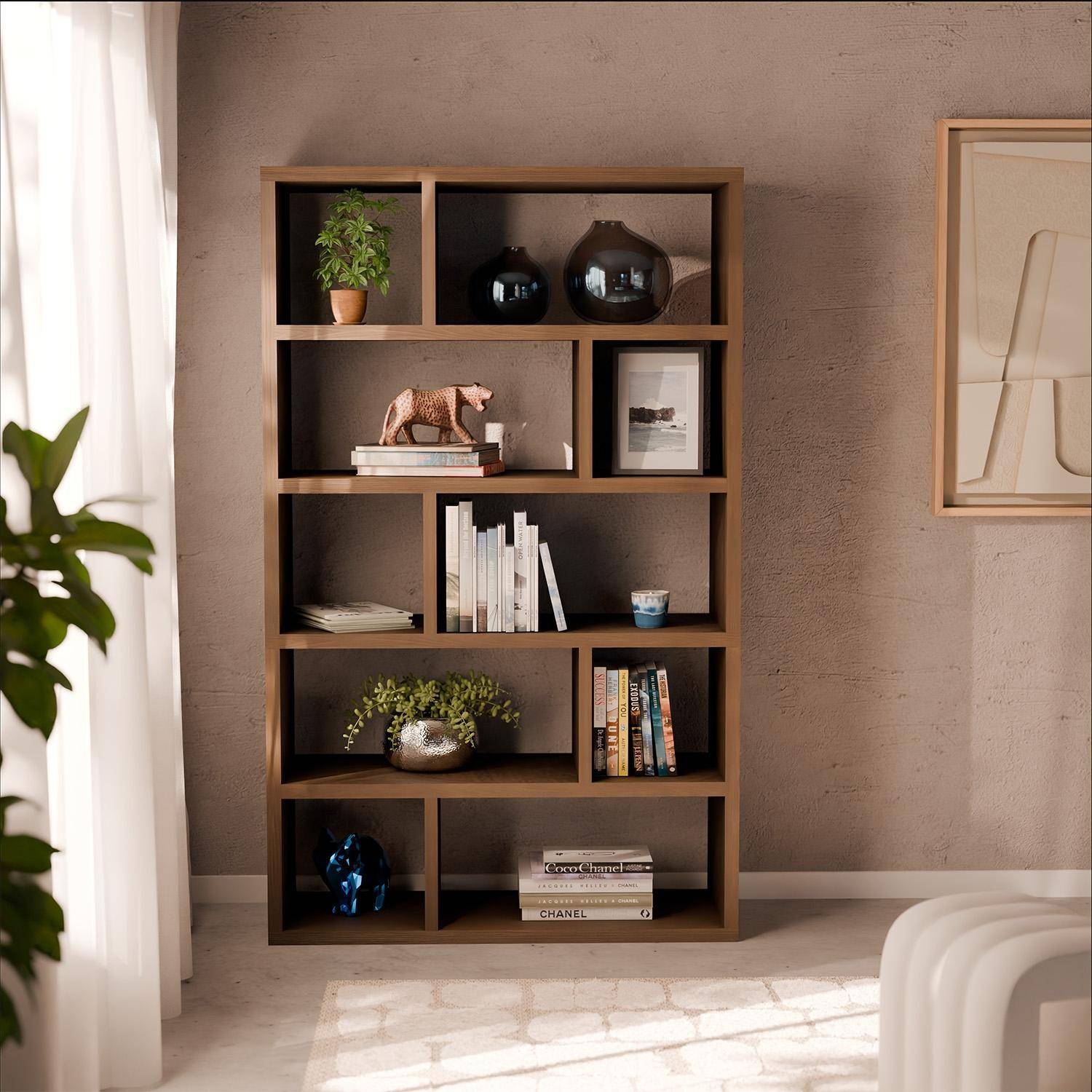 5-tier asymmetrical bookshelf with 10 compartments, Basiks, Walnut, 111.2x39x190 cm Photo1