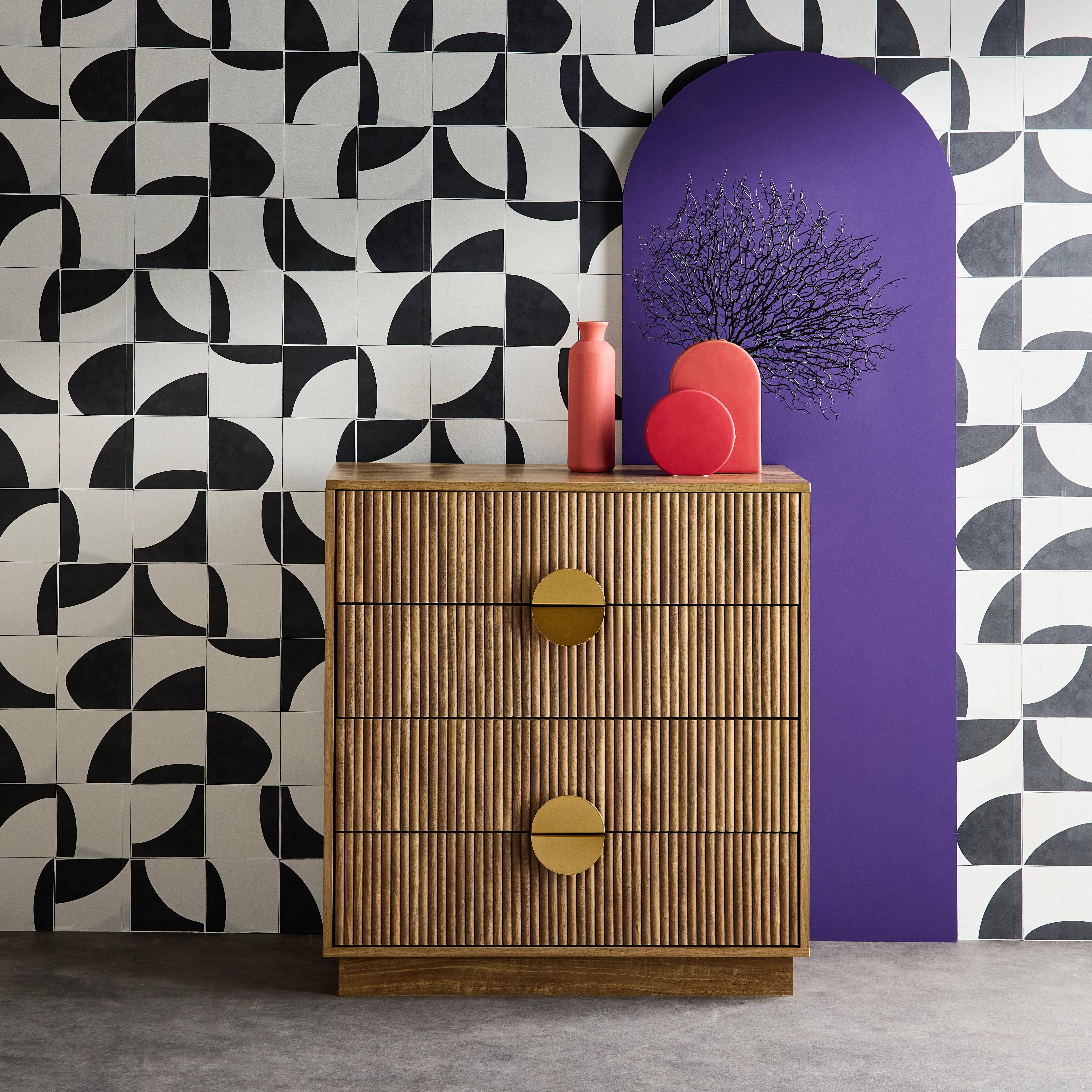 Kommode mit 4 Schubladen in Mangoholz-Look, geriffelt, Griffe aus goldfarbenem Metall, L80 x T40 x H85 cm - Celian Photo1