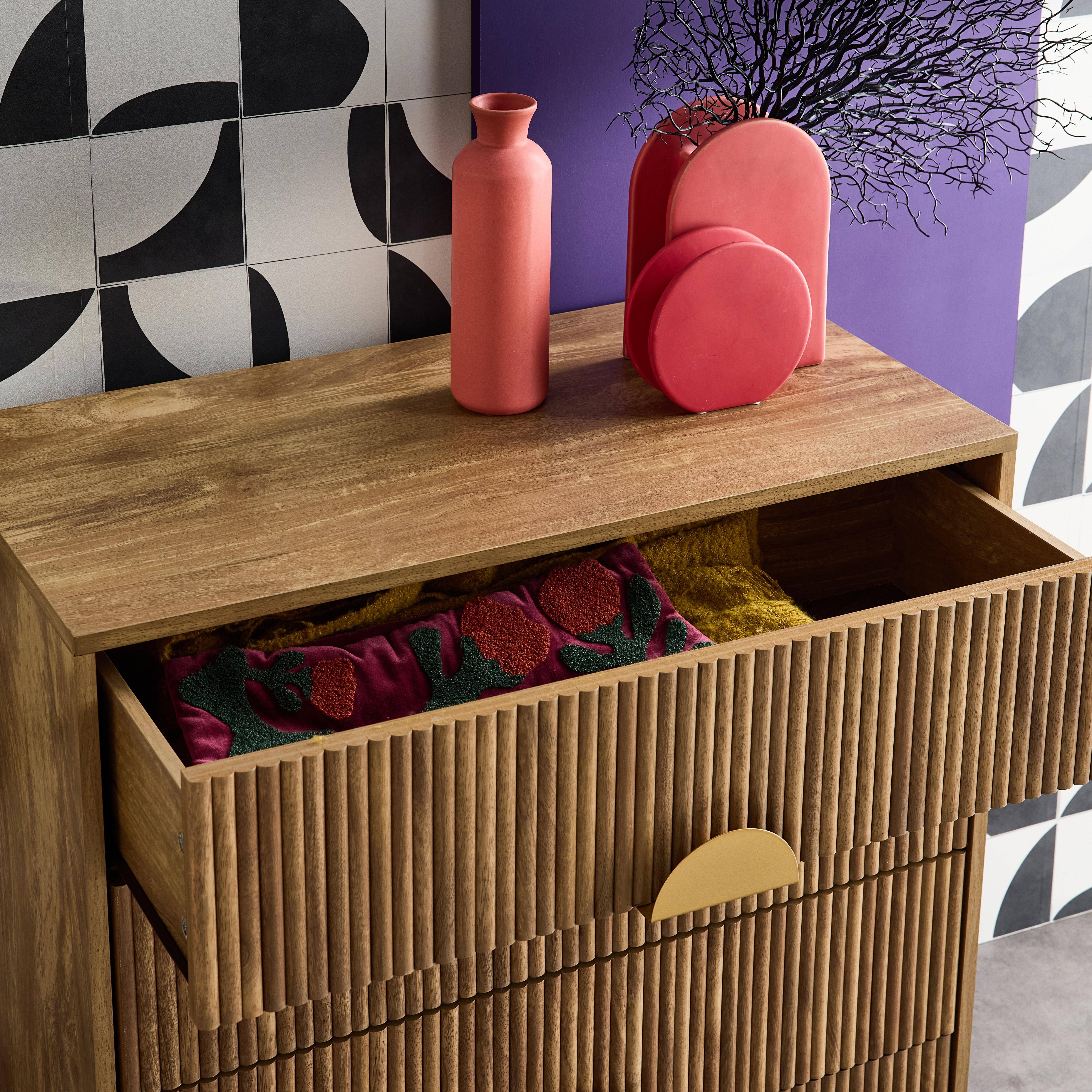 Kommode mit 4 Schubladen in Mangoholz-Look, geriffelt, Griffe aus goldfarbenem Metall, L80 x T40 x H85 cm - Celian Photo2