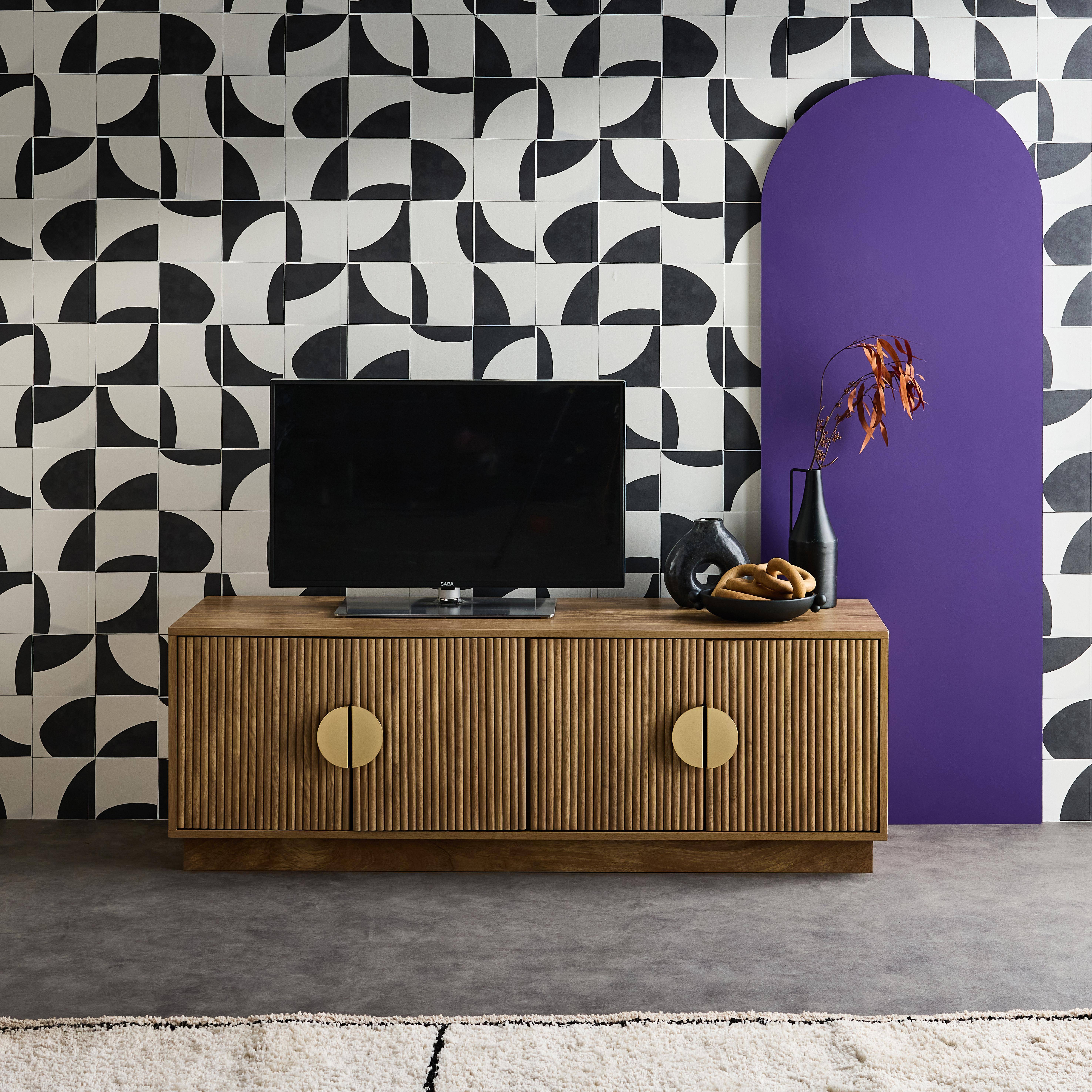 140cm exotic 4-door wood effect TV unit, Celian, Brown, 140x40x48 cm Photo2