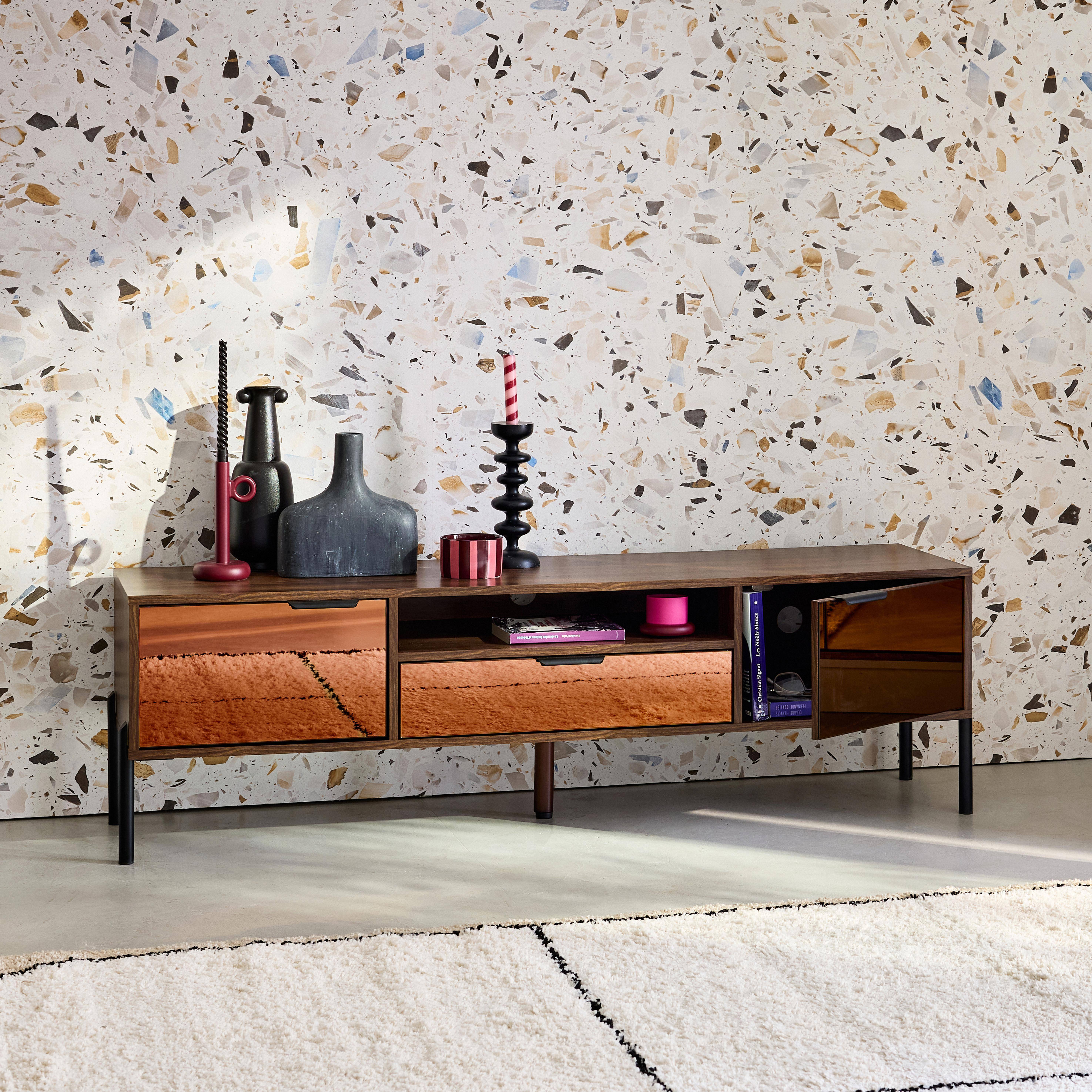 151.5cm vintage TV unit walnut wooden effect 2 doors 1 drawer, Glassy, Walnut, 151.5x38x44.7 cm Photo2
