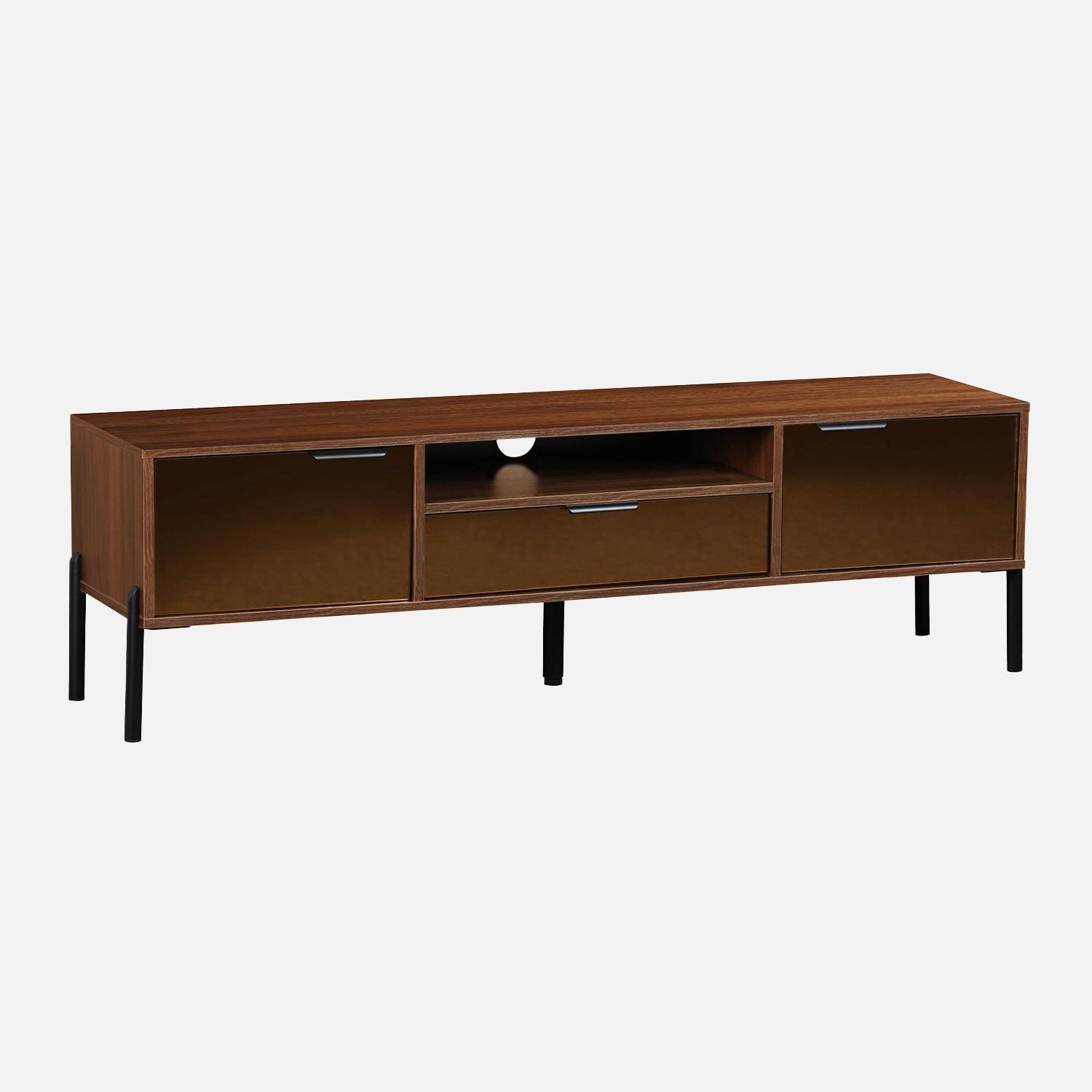 151.5cm vintage TV unit walnut wooden effect 2 doors 1 drawer, Glassy, Walnut, 151.5x38x44.7 cm Photo4