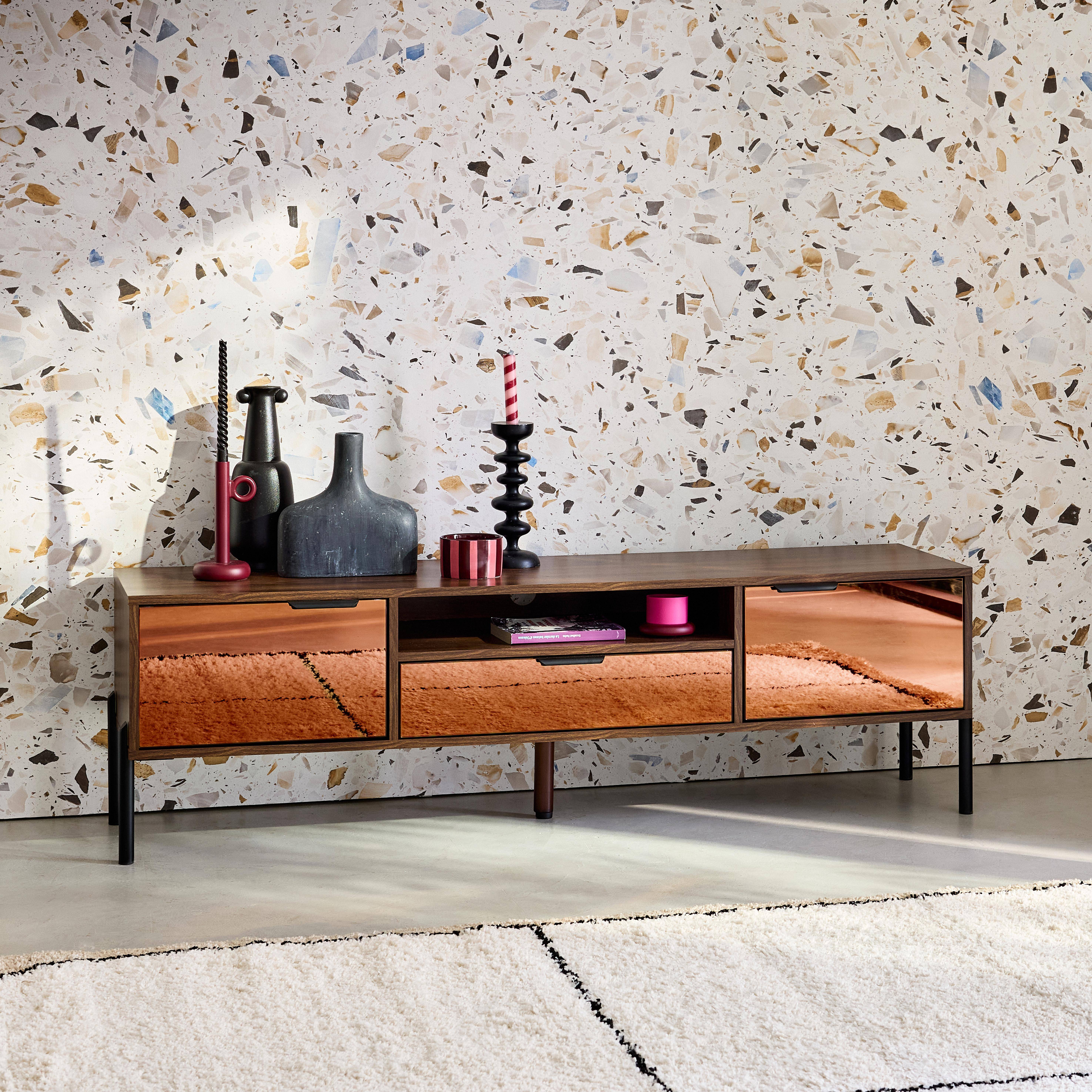151.5cm vintage TV unit walnut wooden effect 2 doors 1 drawer, Glassy, Walnut, 151.5x38x44.7 cm Photo1