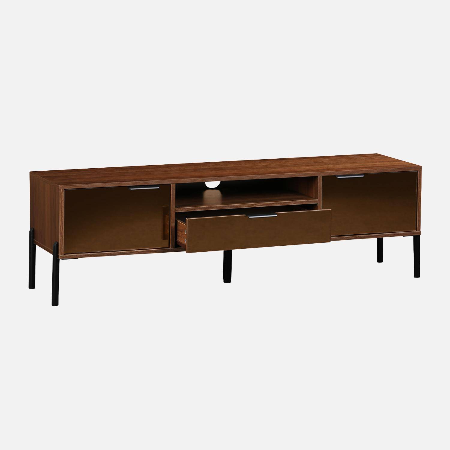 151.5cm vintage TV unit walnut wooden effect 2 doors 1 drawer, Glassy, Walnut, 151.5x38x44.7 cm Photo5