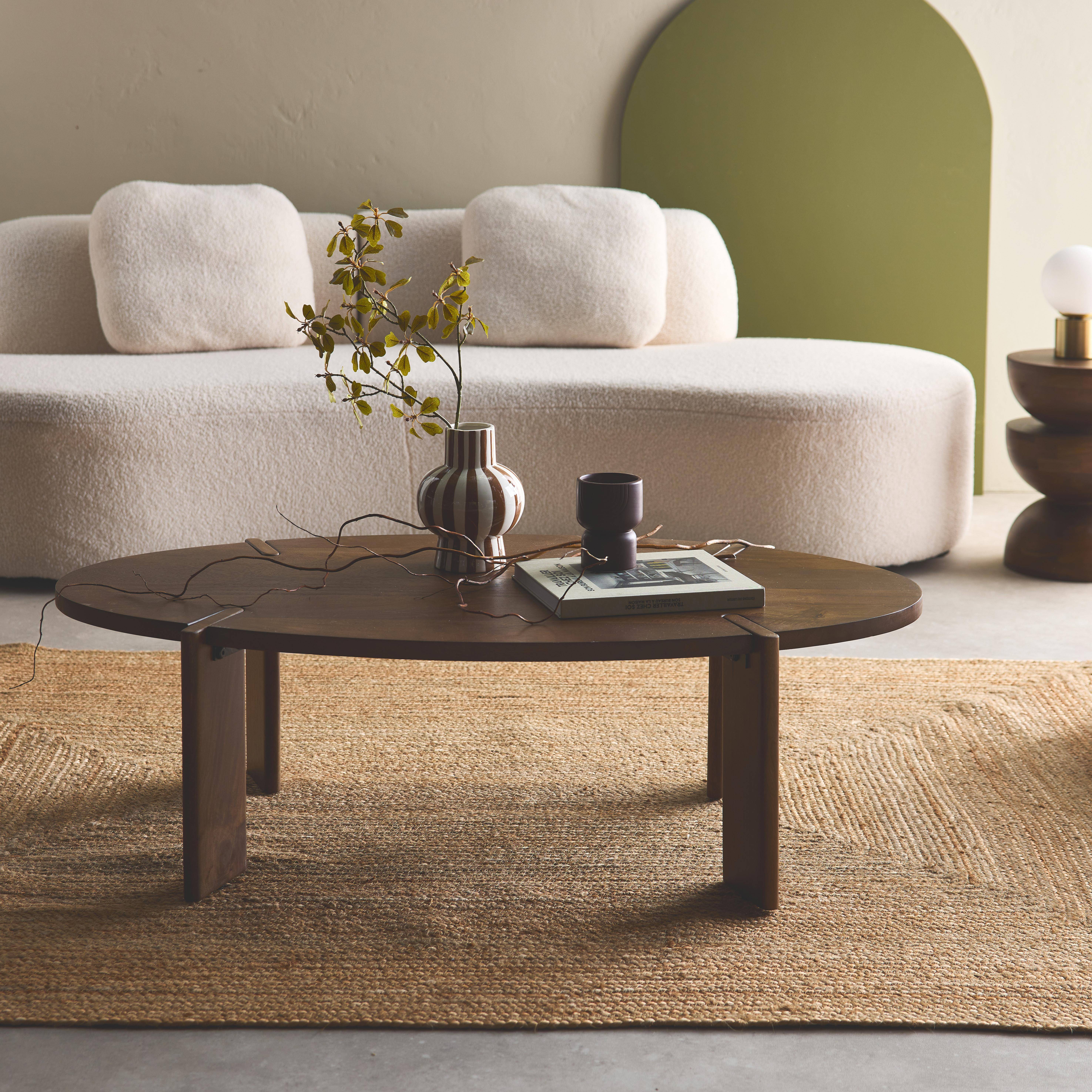 Oval coffee table in solid mango wood, Reva, Walnut, 120x65x35 cm Photo1
