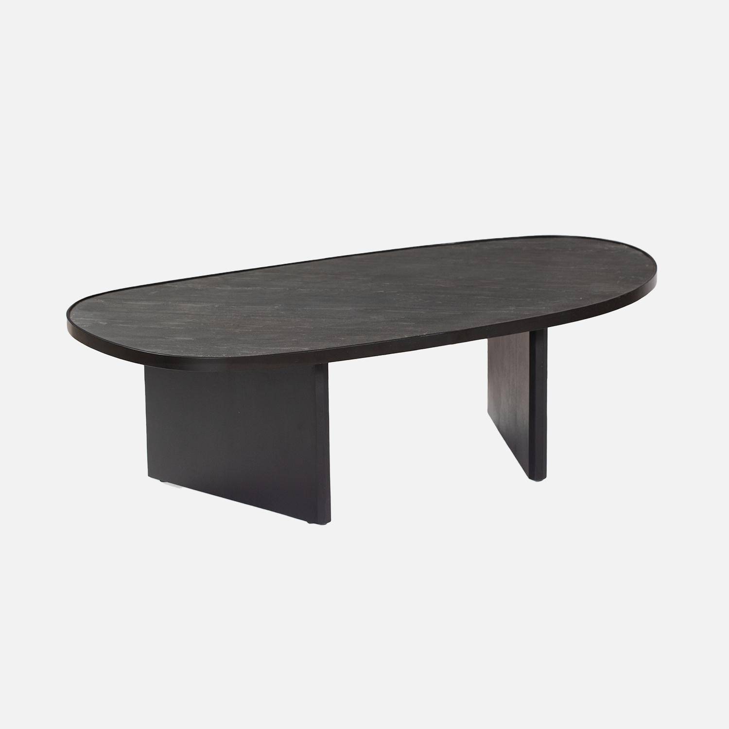 Table basse ovale bois de manguier et placage pierre noire, rebord en métal, L 119,5 x P 60 x H 35cm Photo1