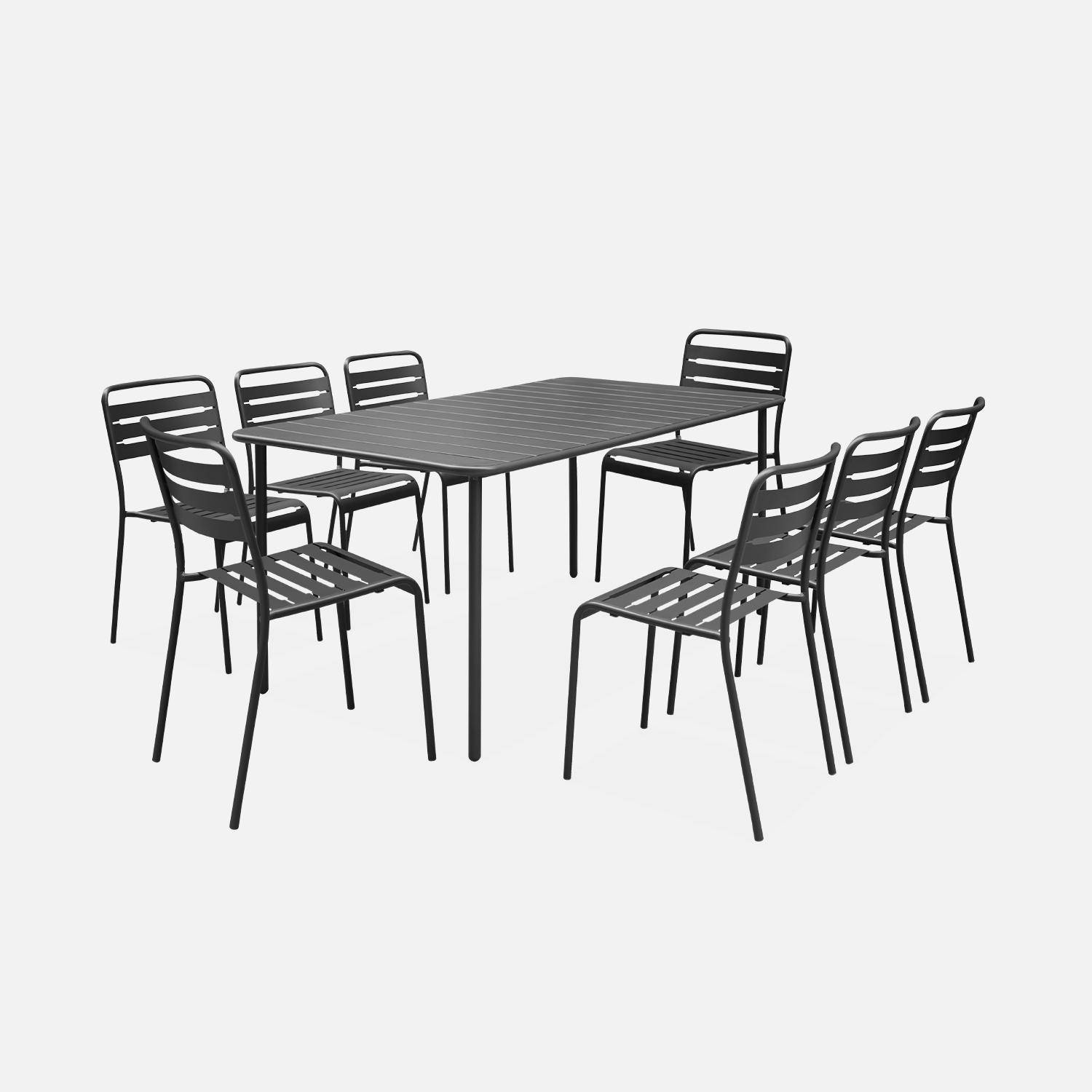 Table de jardin en métal anthracite + 8 chaises, traitement antirouille, lattes et bords arrondis  Photo1