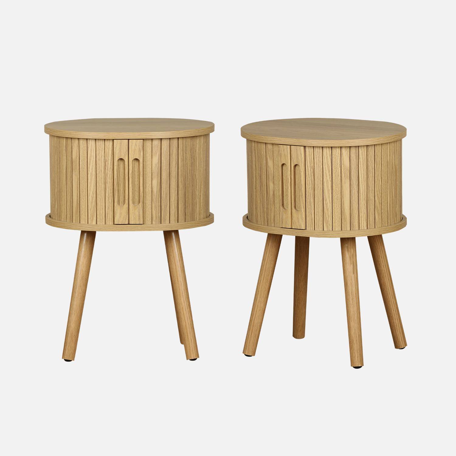 Lot de 2 tables de chevet ovale 2 portes coulissantes poignées creusées, effet bois rainuré, L40 x l34 x H54,8cm Photo4