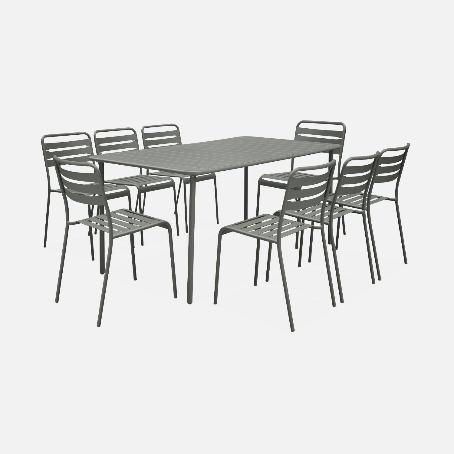 Table de jardin en métal kaki + 8 chaises, traitement antirouille, lattes et bords arrondis  Photo1