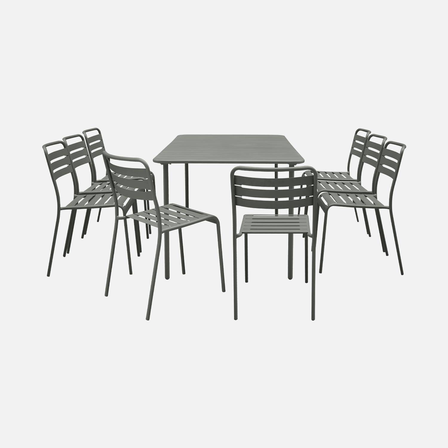 Table de jardin en métal kaki + 8 chaises, traitement antirouille, lattes et bords arrondis  Photo2