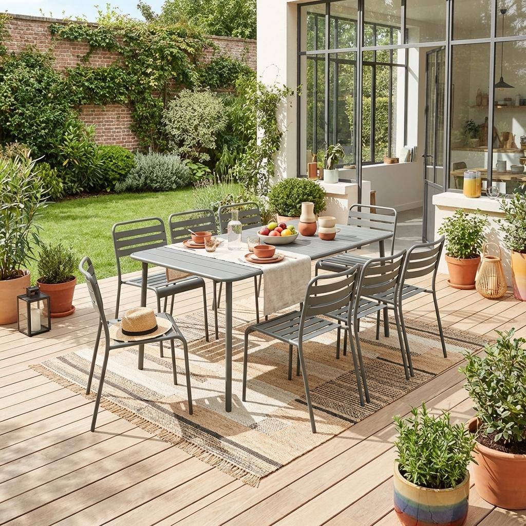 Metalowy zestaw stół ogrodowy + 8 krzeseł, zabezpieczenie przed rdzą, lite i zaokrąglone krawędzie - Khaki Photo1