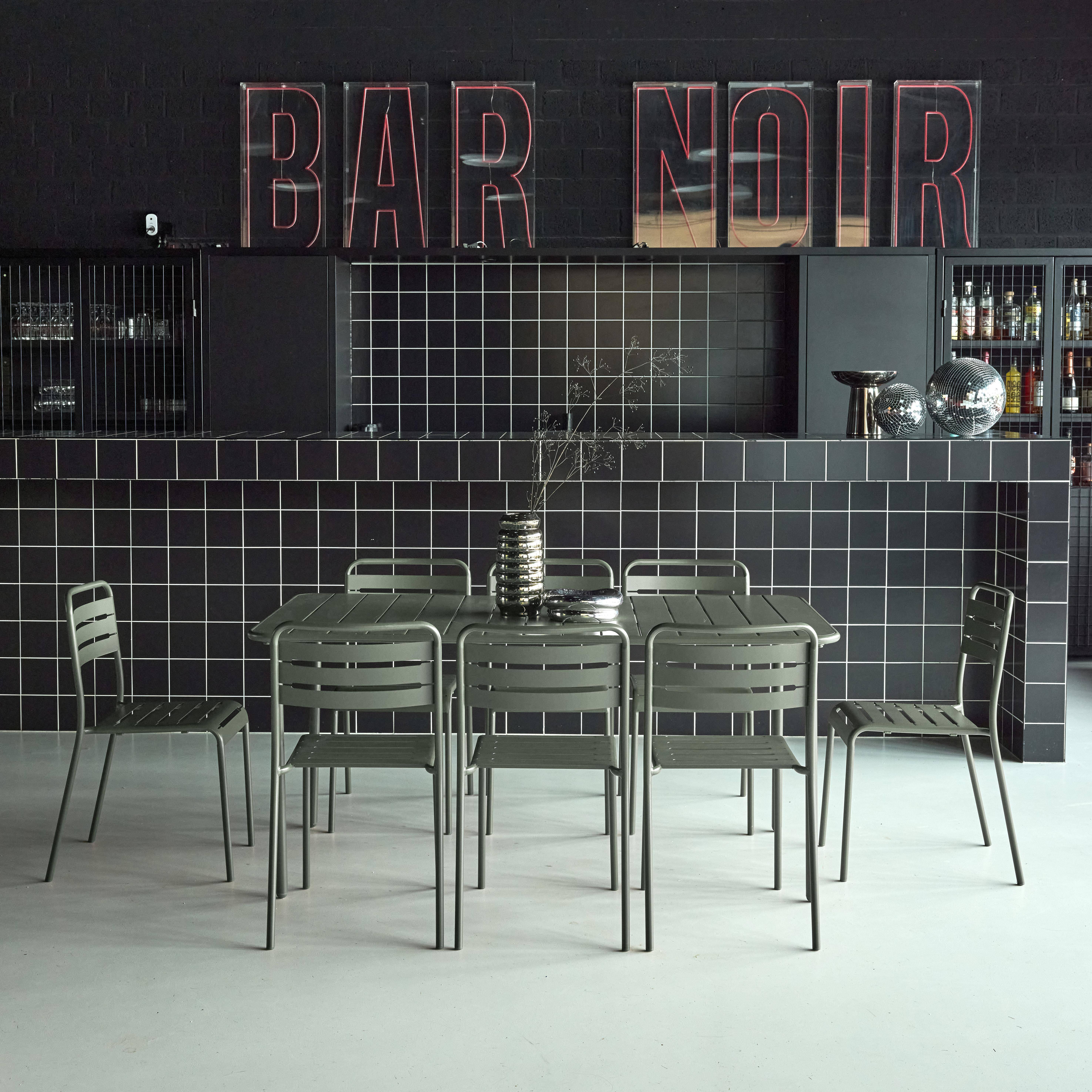 Table de jardin métal + 8 assises kaki traitement antirouille, lattes et bords arrondis  Photo1