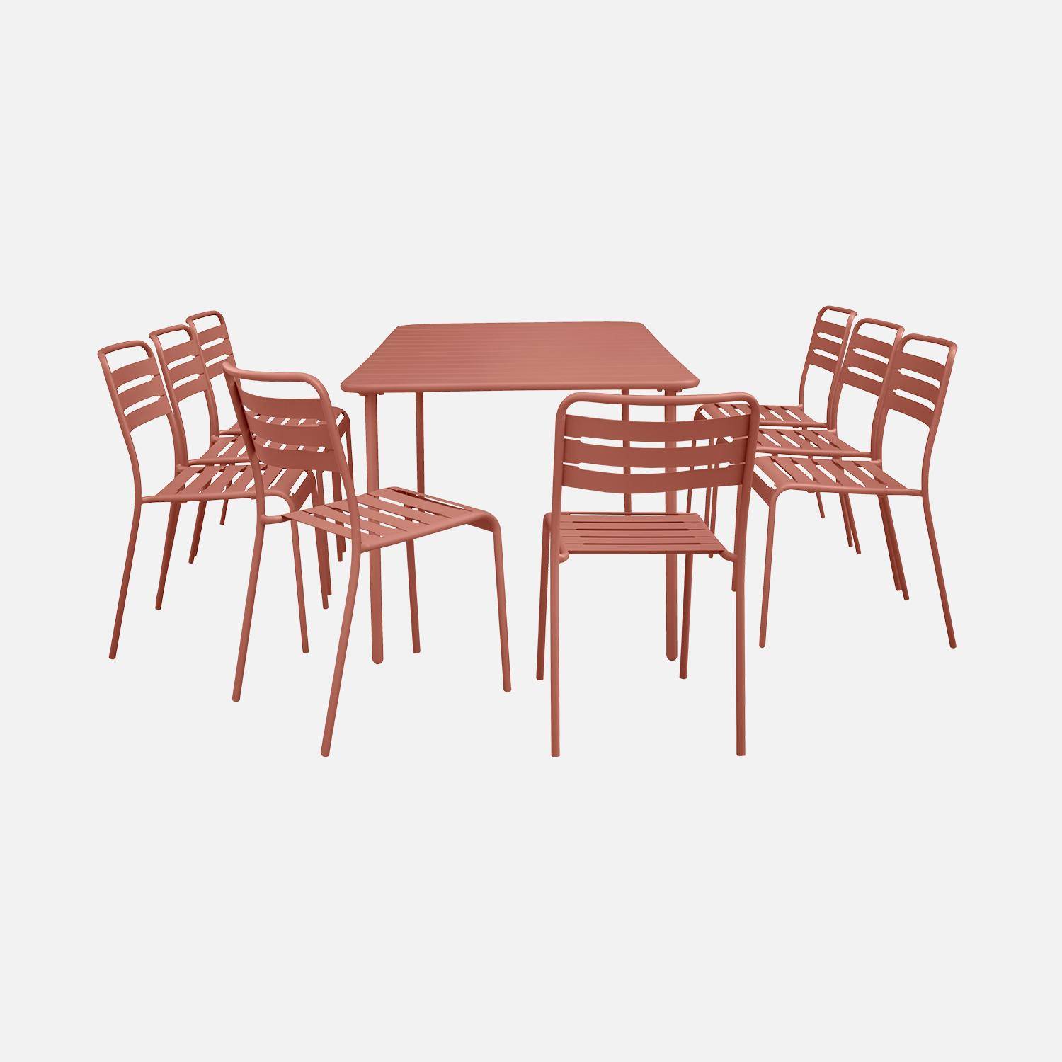 Terracotta metalen tuintafel + 8 stoelen, roestvrij behandeld, latten en afgeronde hoeken Photo2