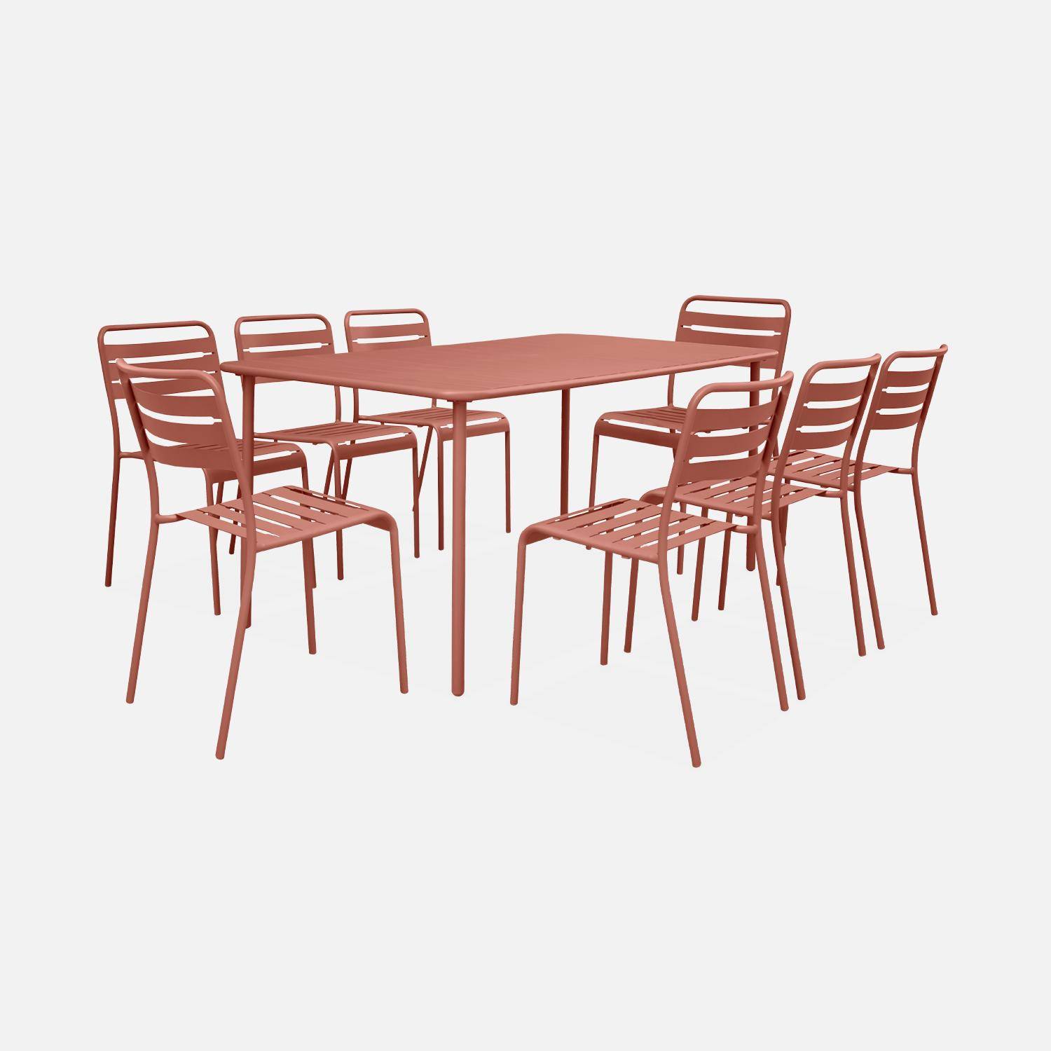 Terracotta metalen tuintafel + 8 stoelen, roestvrij behandeld, latten en afgeronde hoeken Photo1