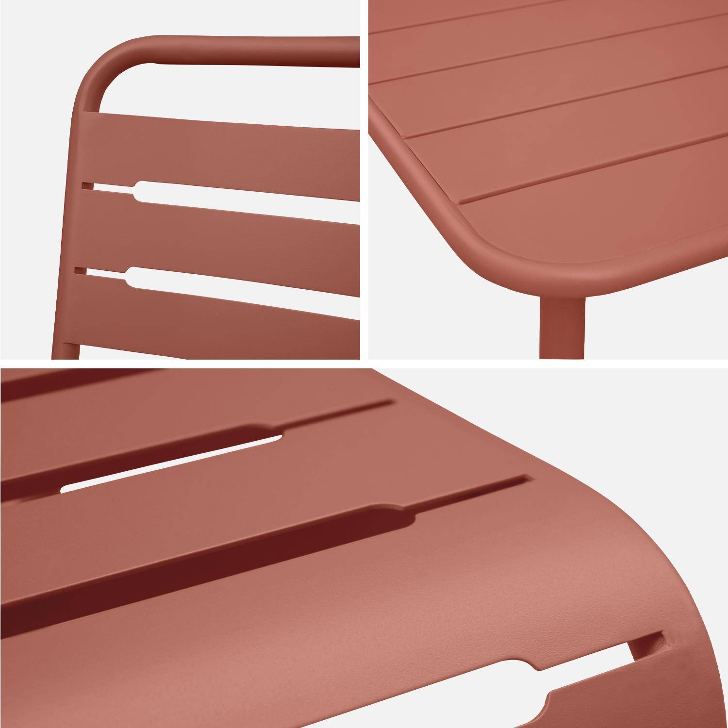 Terracotta metalen tuintafel + 8 stoelen, roestvrij behandeld, latten en afgeronde hoeken Photo5