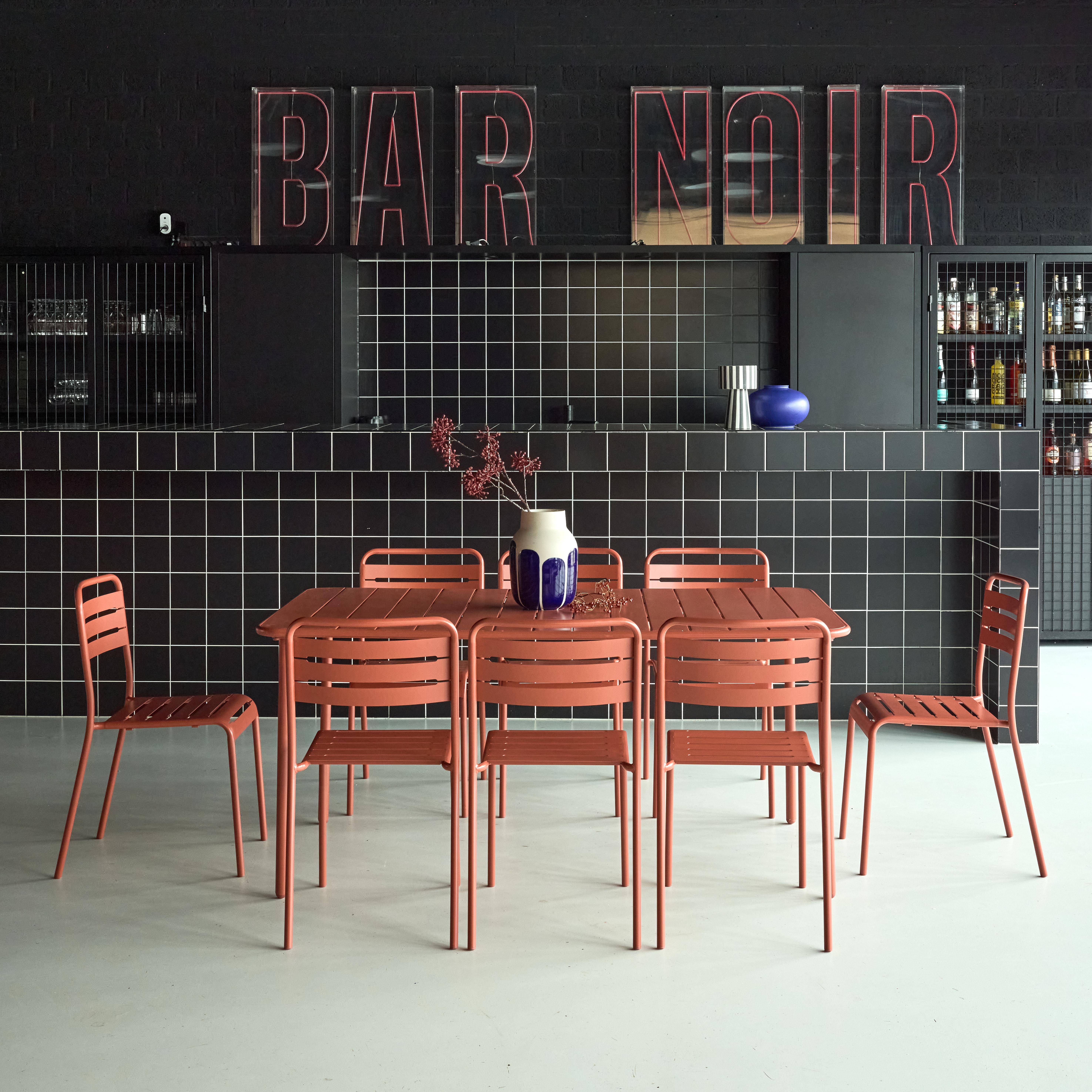 Table de jardin en métal terracotta + 8 chaises, traitement antirouille, lattes et bords arrondis ,sweeek,Photo1