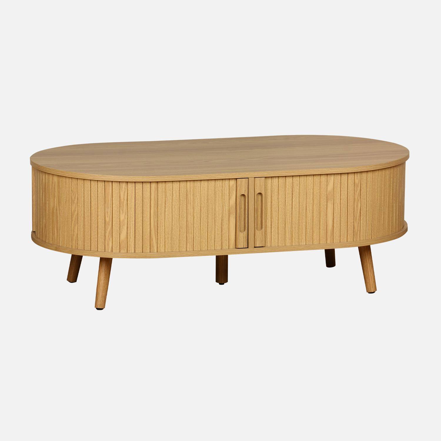 Table Basse Scandinave Élégante 120x55x40 Cm – Style Naturel En MDF Et Bambou Avec Portes Coulissantes Et Étagère De Rangement