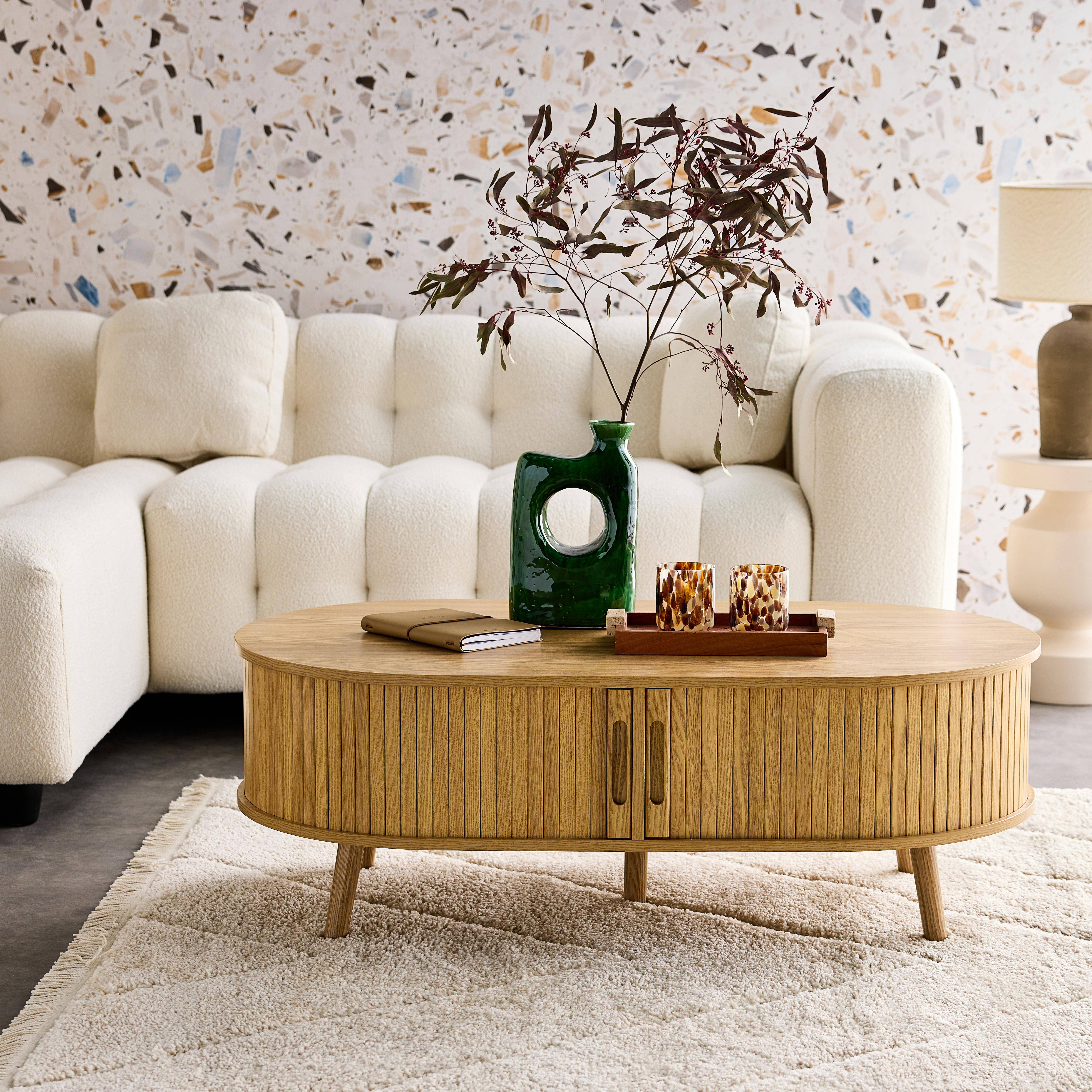 Coffee table with sliding doors and grooved wooden-effect compartments, Legacy, Natural, 110x59x39 cm Photo1