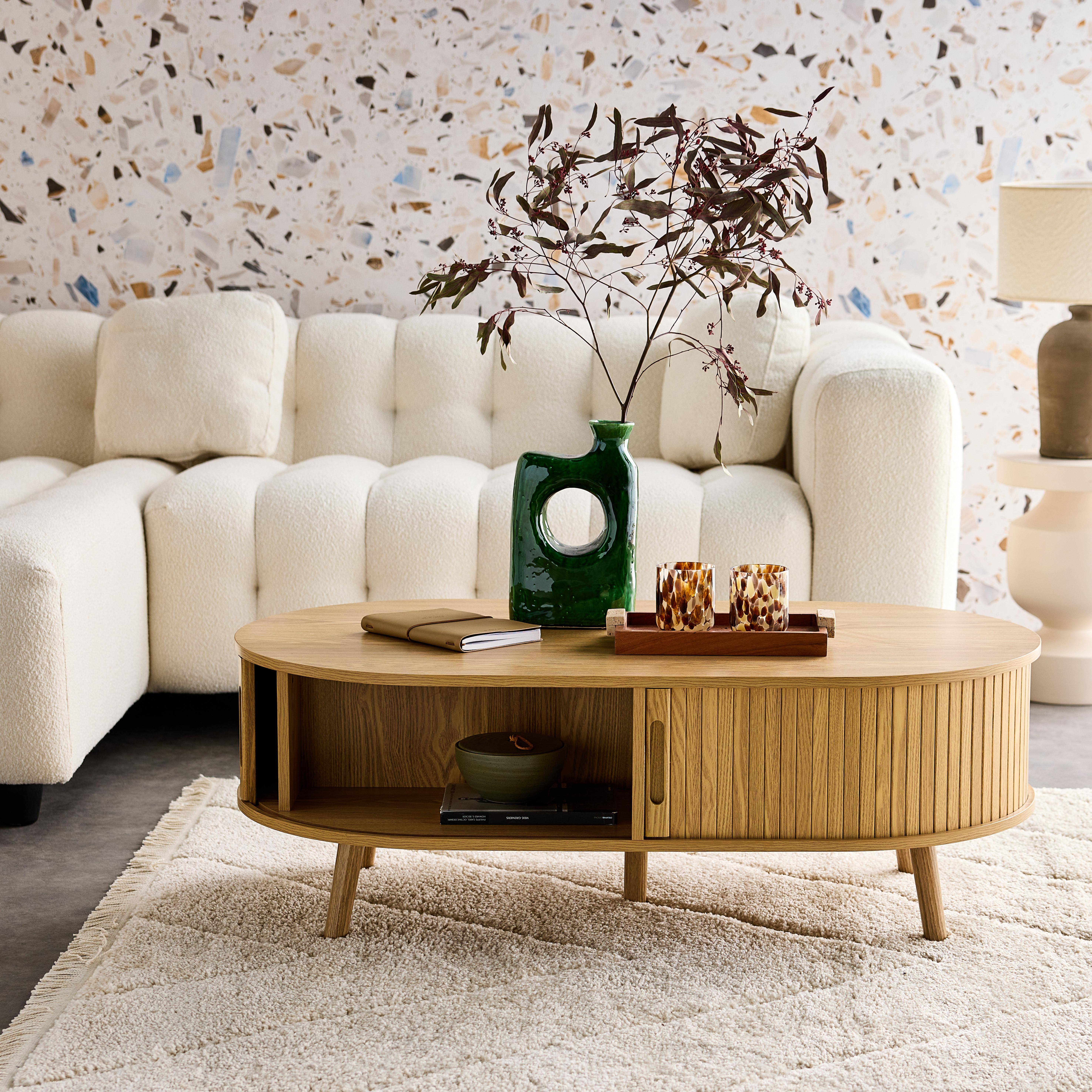 Coffee table with sliding doors and grooved wooden-effect compartments, Legacy, Natural, 110x59x39 cm Photo2