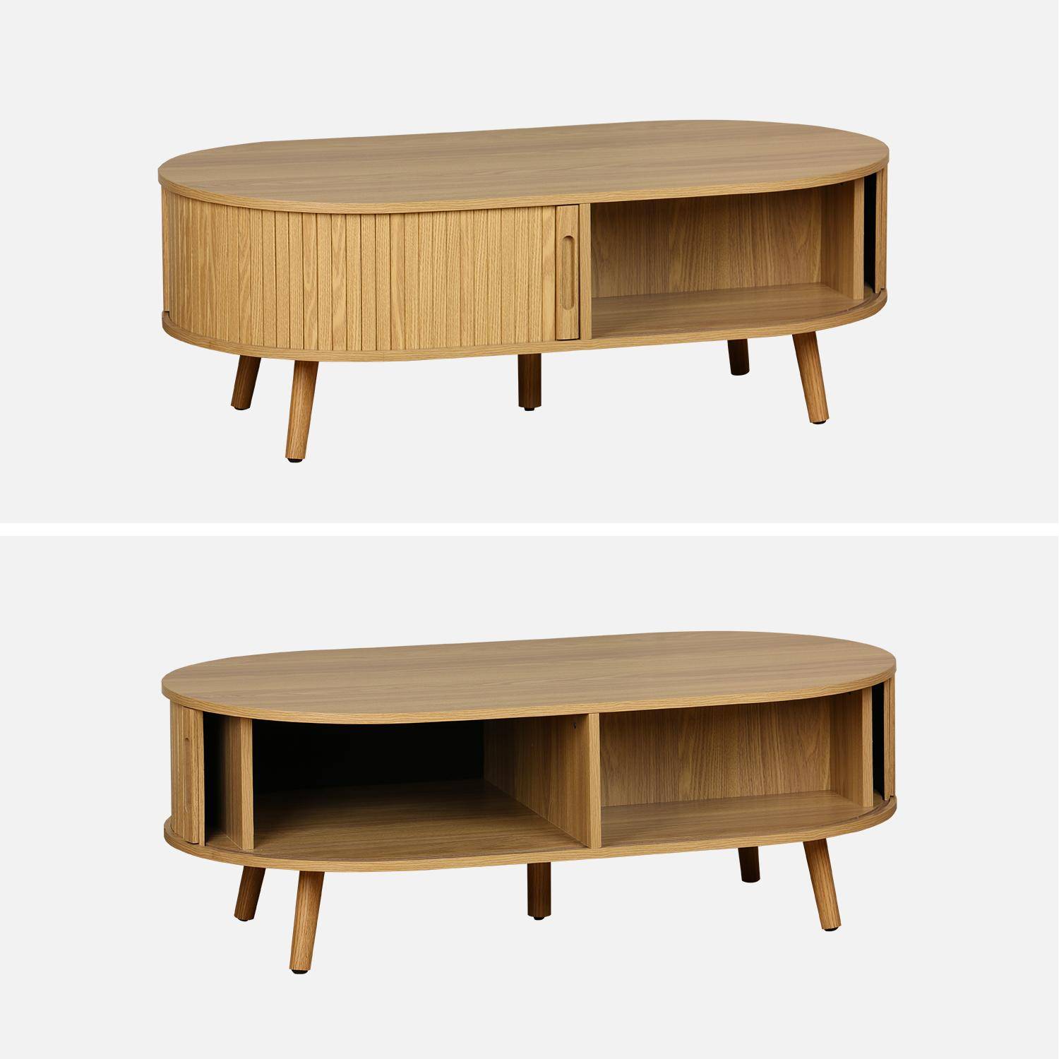 Coffee table with sliding doors and grooved wooden-effect compartments, Legacy, Natural, 110x59x39 cm Photo5