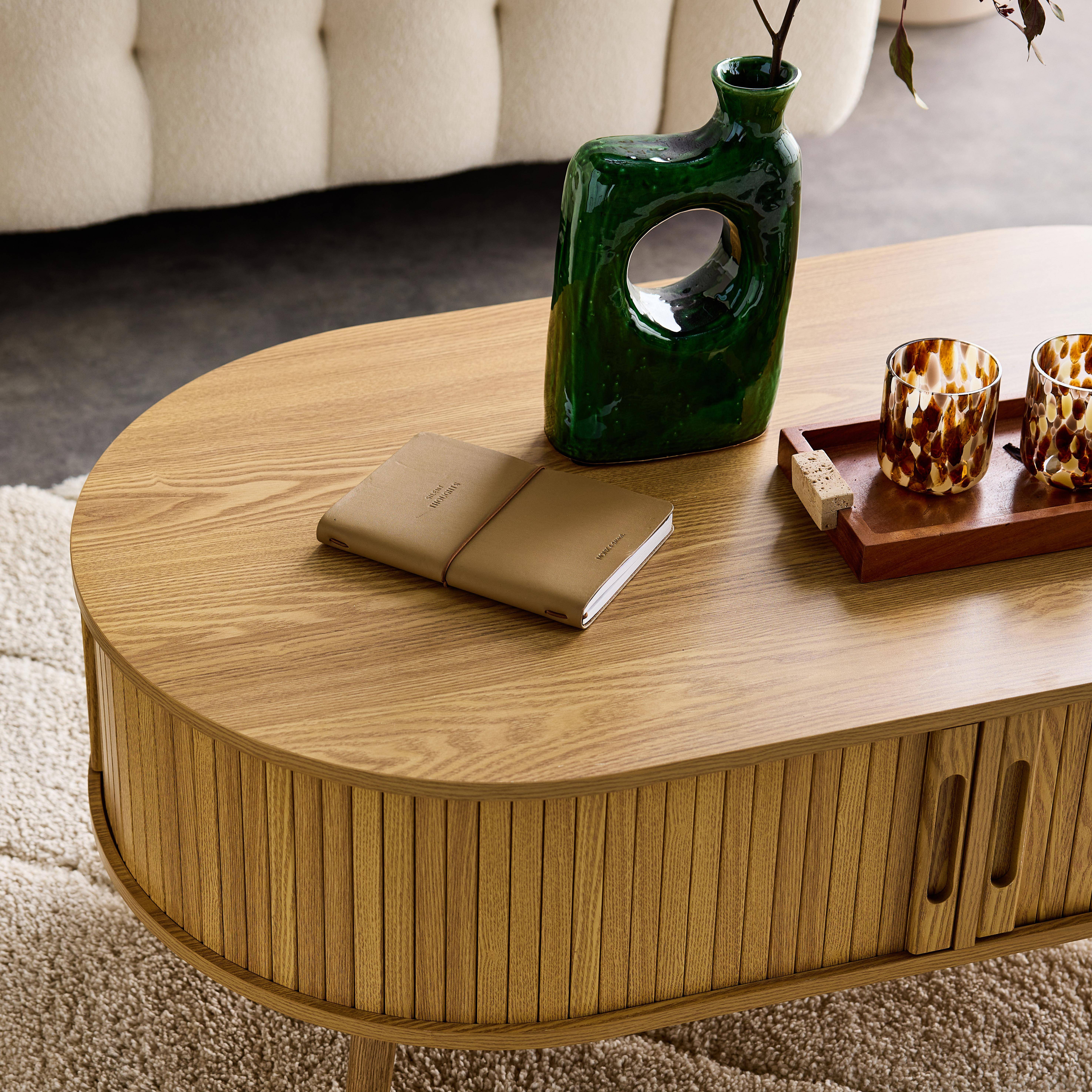 Coffee table with sliding doors and grooved wooden-effect compartments, Legacy, Natural, 110x59x39 cm Photo3
