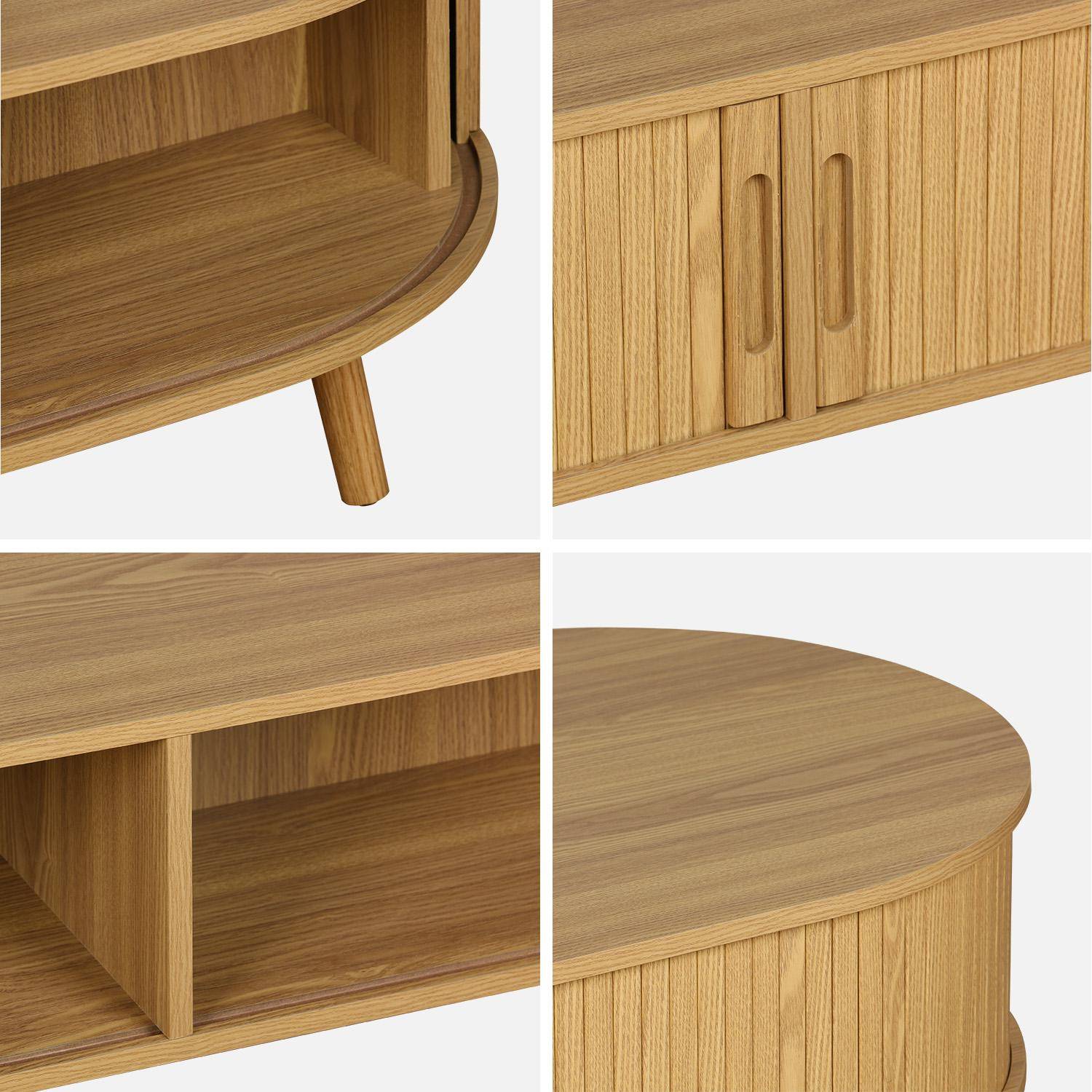 Coffee table with sliding doors and grooved wooden-effect compartments, Legacy, Natural, 110x59x39 cm Photo6