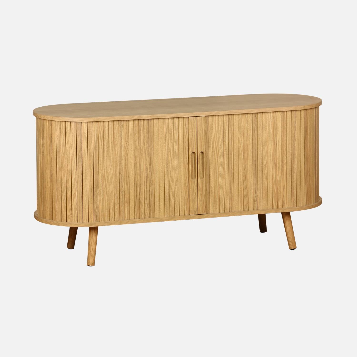 Meuble TV scandinave effet bois rainuré, naturel