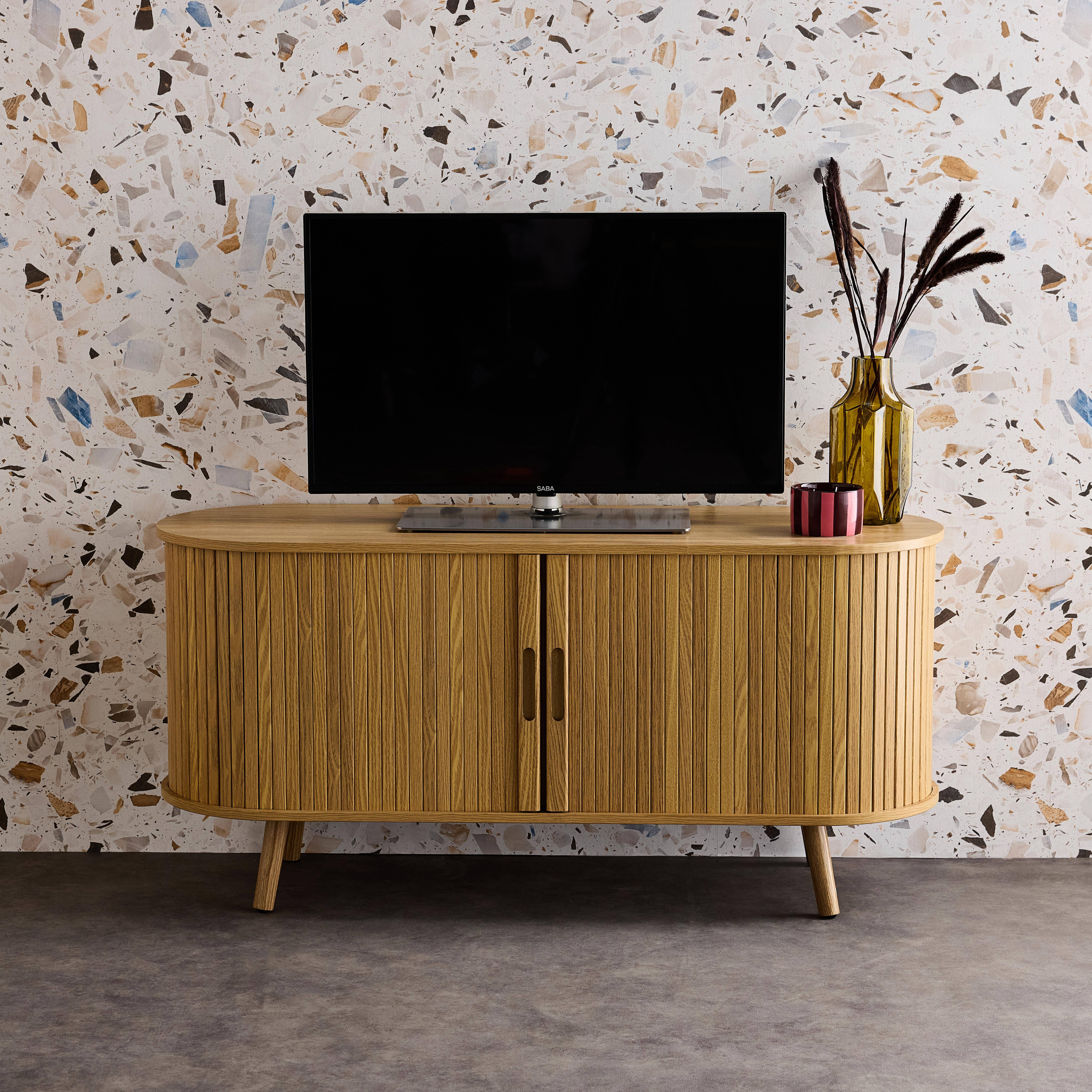 Scandinavisch TV-meubel, 2 schuifdeuren, 4 vakken, gegroefd houteffect, L120 x 40 x 57 cm Photo2