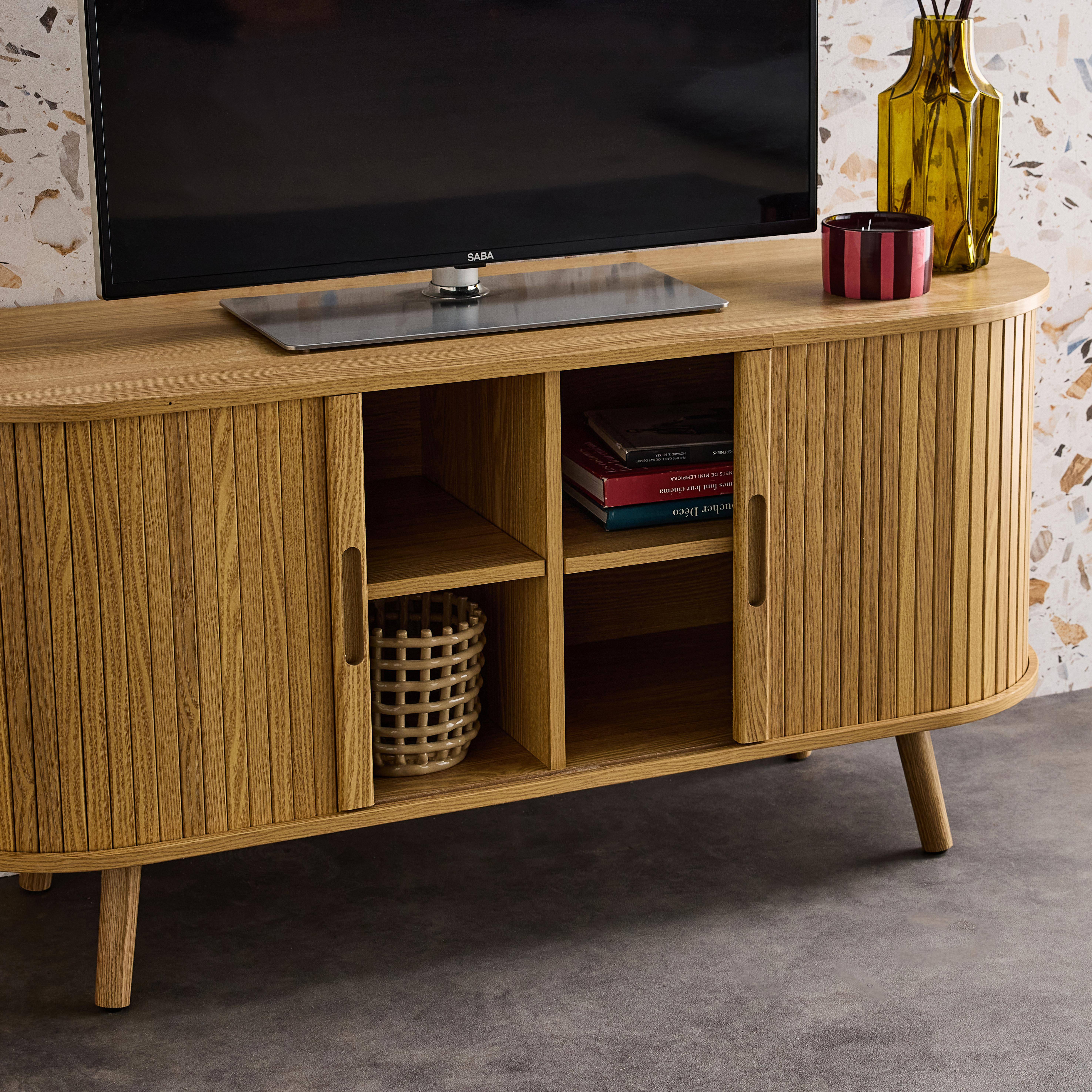 Scandinavisch TV-meubel, 2 schuifdeuren, 4 vakken, gegroefd houteffect, L120 x 40 x 57 cm Photo3