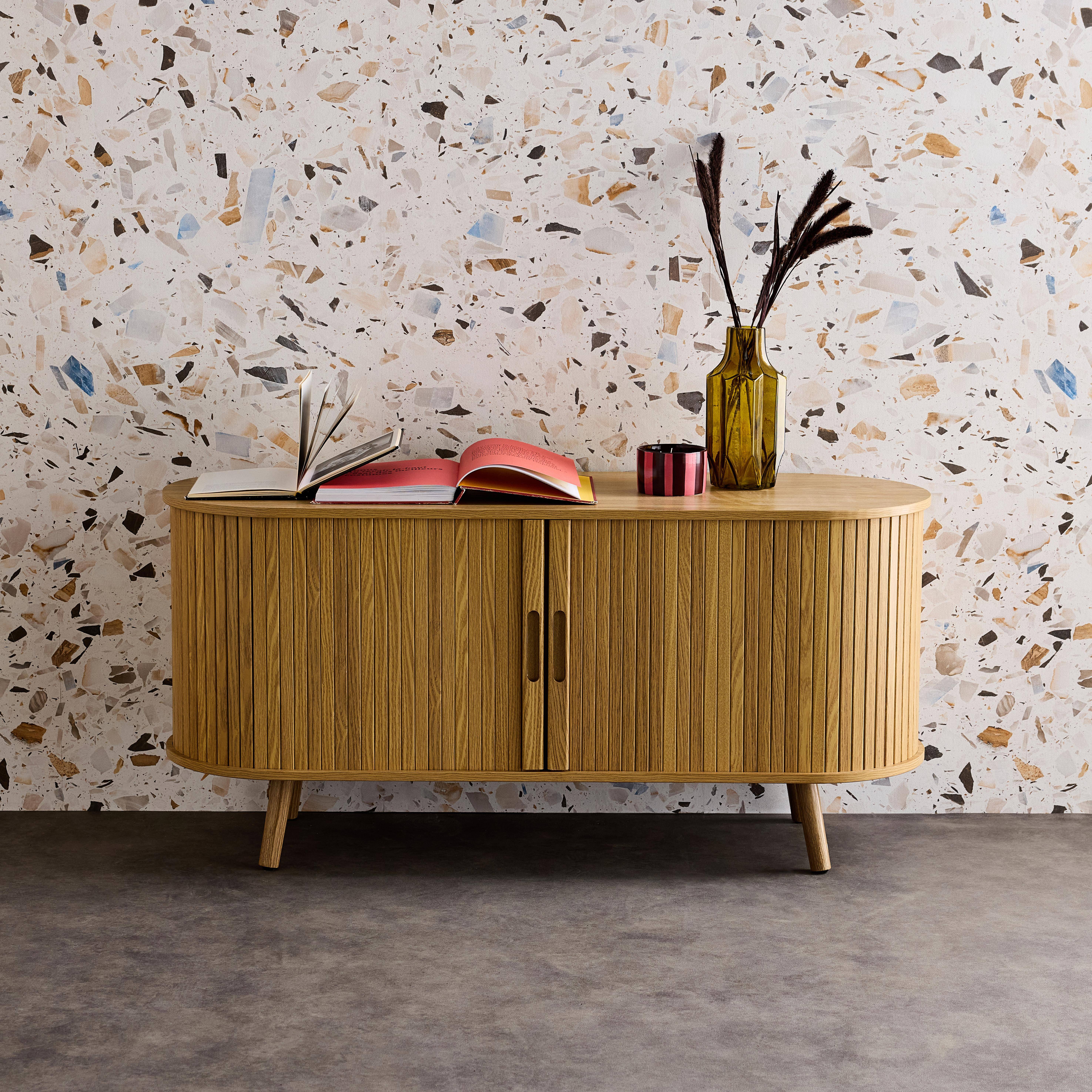 Scandinavisch TV-meubel, 2 schuifdeuren, 4 vakken, gegroefd houteffect, L120 x 40 x 57 cm,sweeek,Photo1
