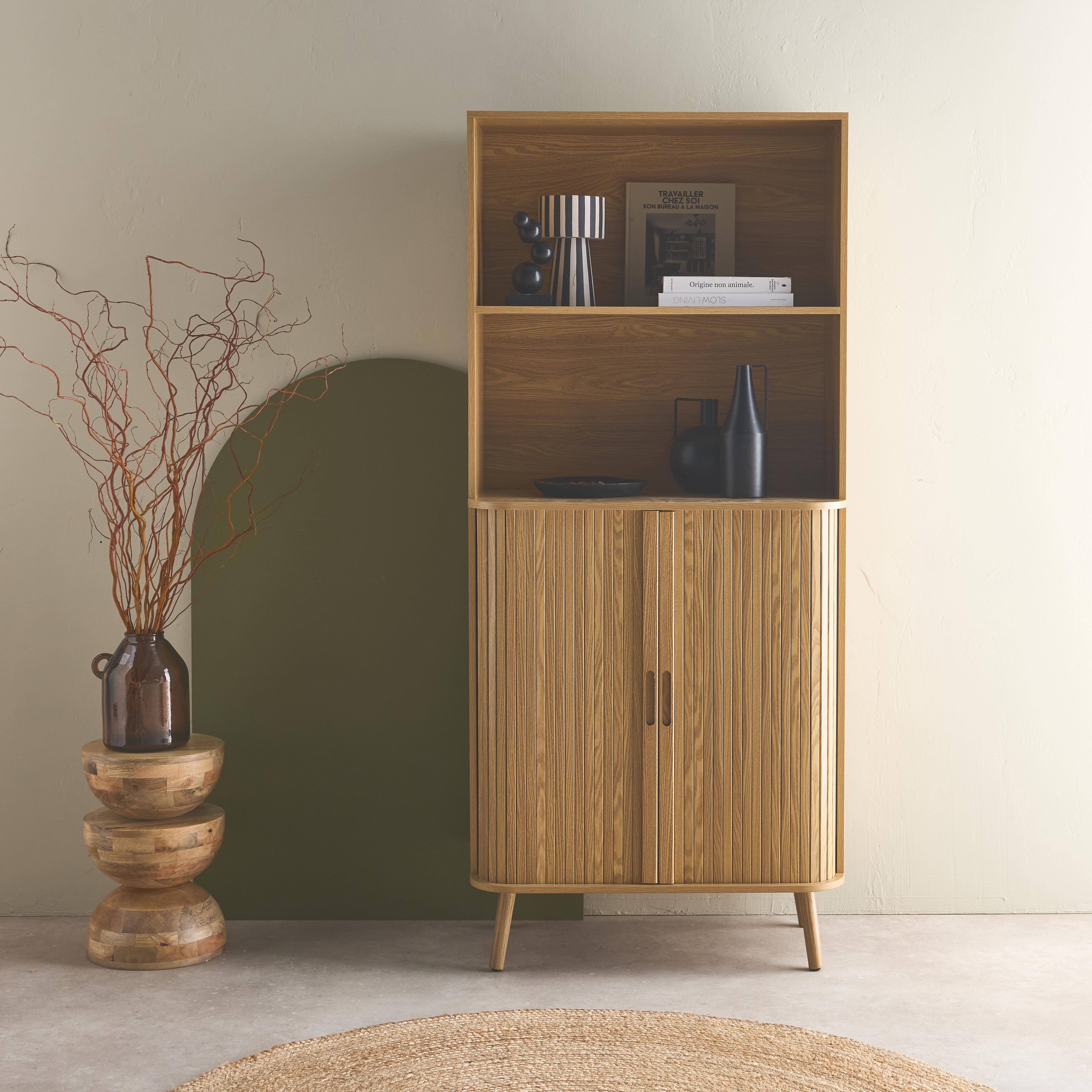 Scandinavische boekenkast, 2 schuifdeuren, 4 niveaus, gegroefd houteffect, B 80 x D 45 x H 180cm Photo1